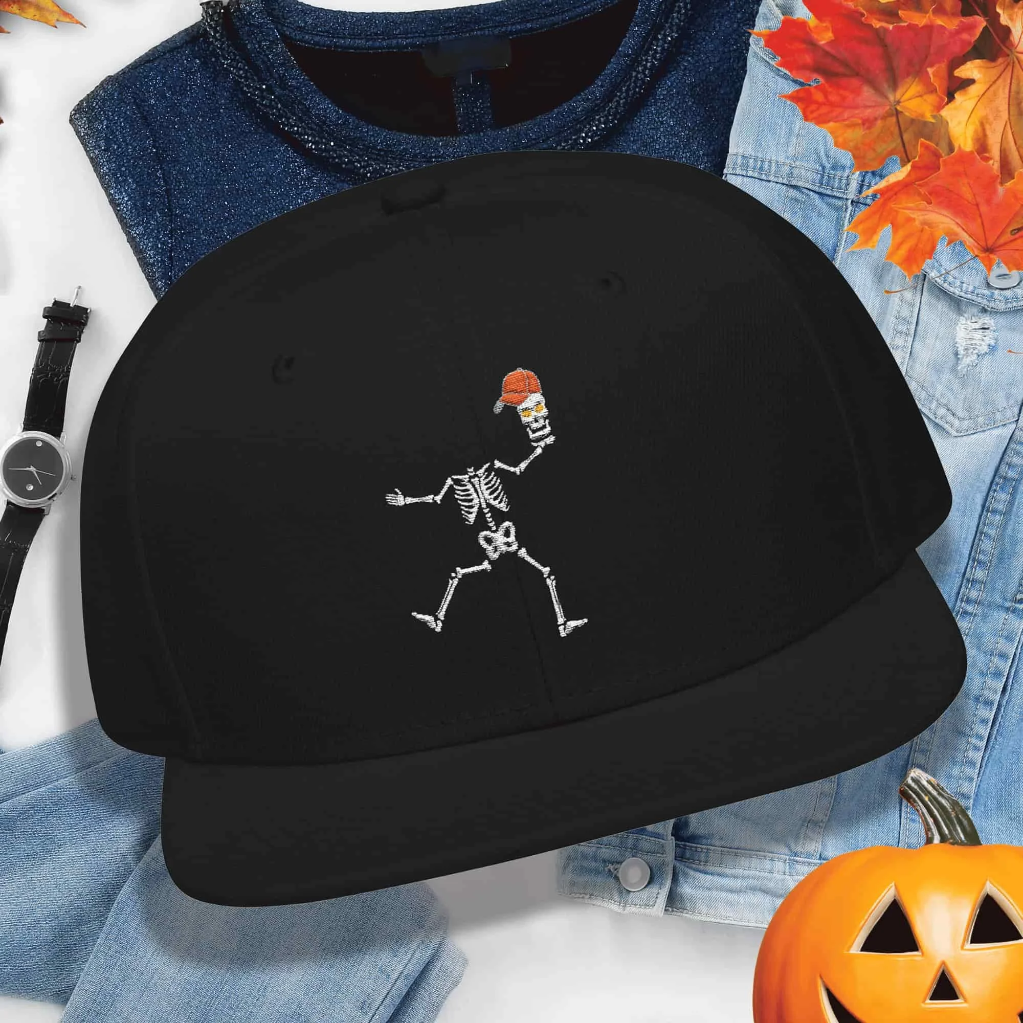 Embroidered Funny Halloween Skeleton Snapback Cap