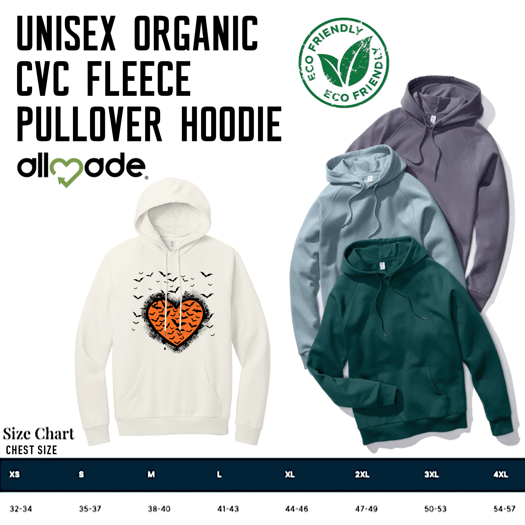 Halloween Bats Graffiti Heart Unisex Organic CVC Fleece Pullover Hoodie