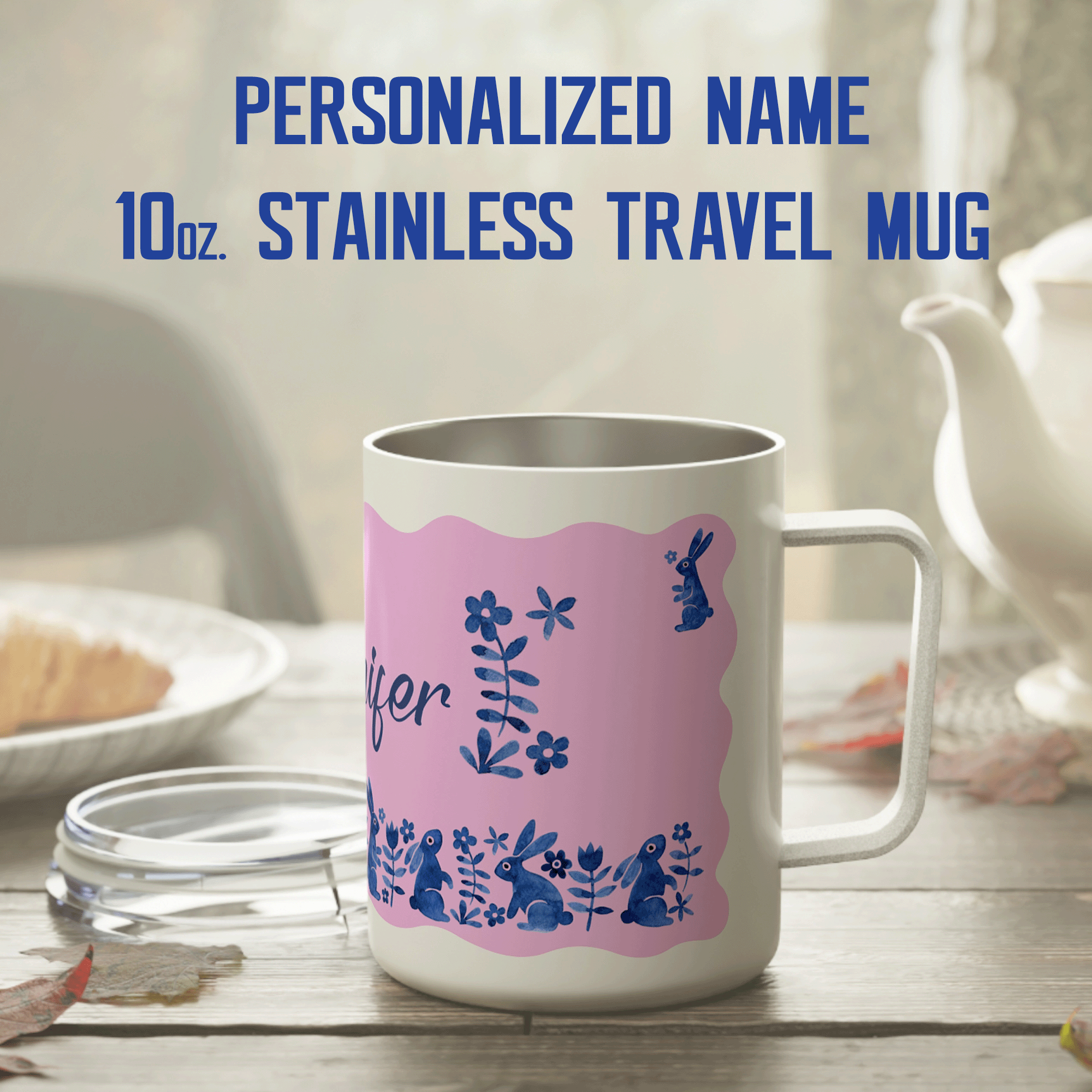 Personalized Blue Bunny Folk Art Insulated Coffee Mug