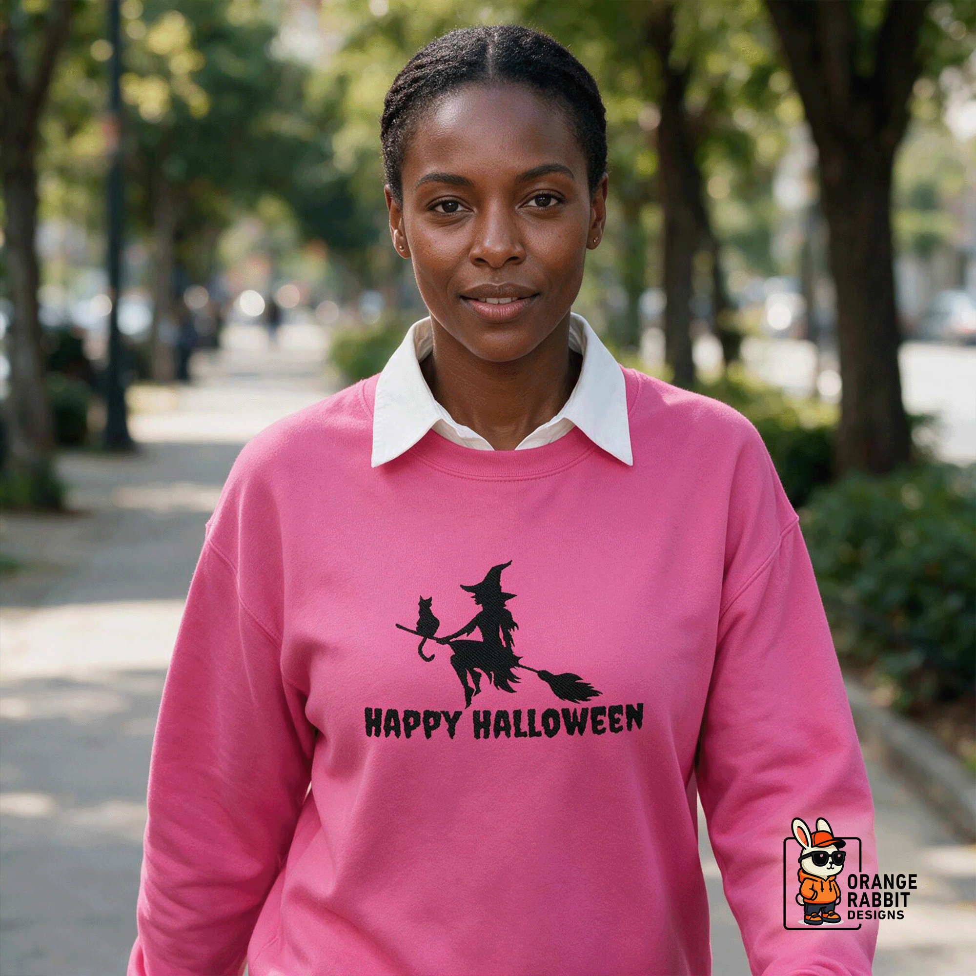 Embroidered Halloween Witch and Cat Silhouette Crewneck