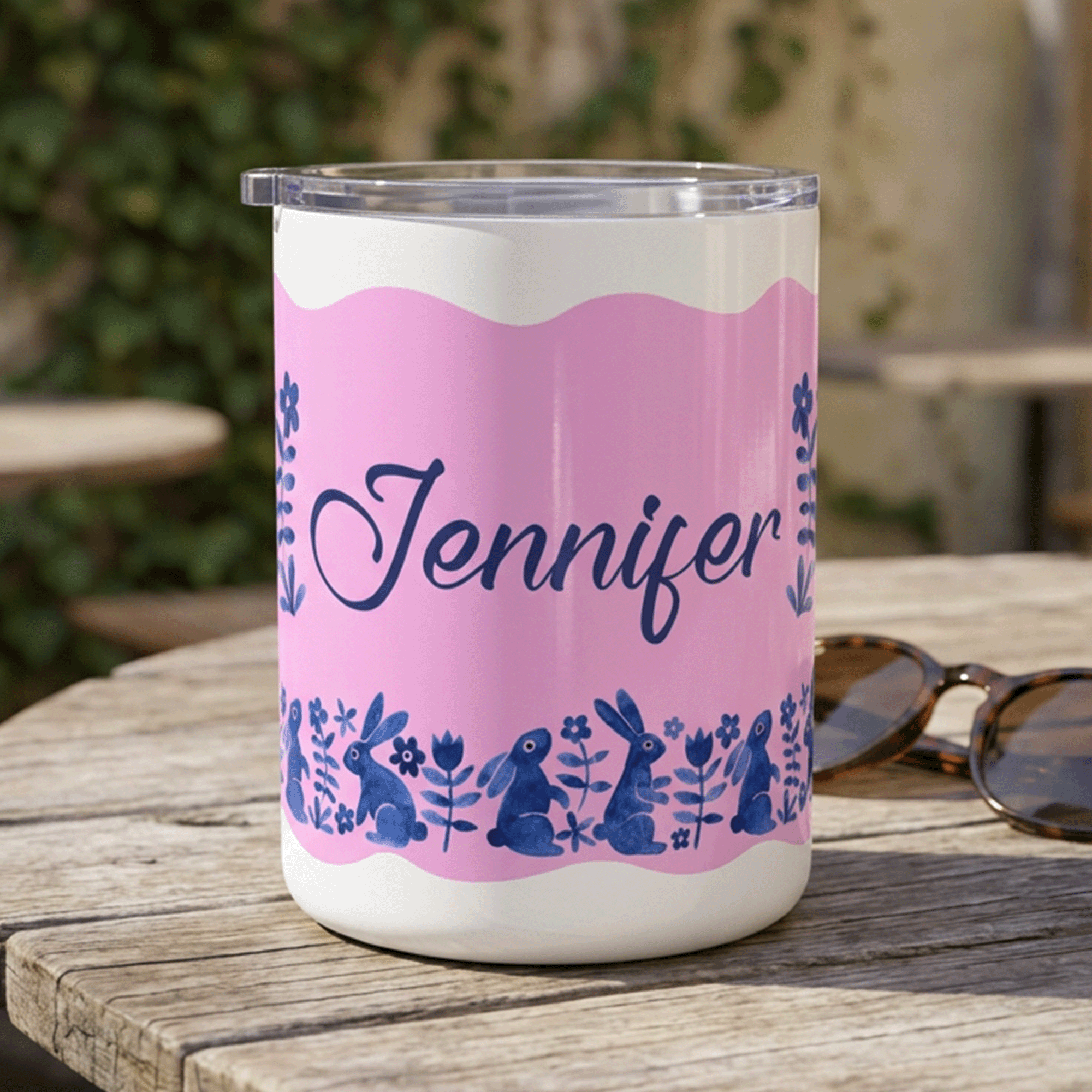 Personalized Blue Bunny Folk Art Insulated Coffee Mug