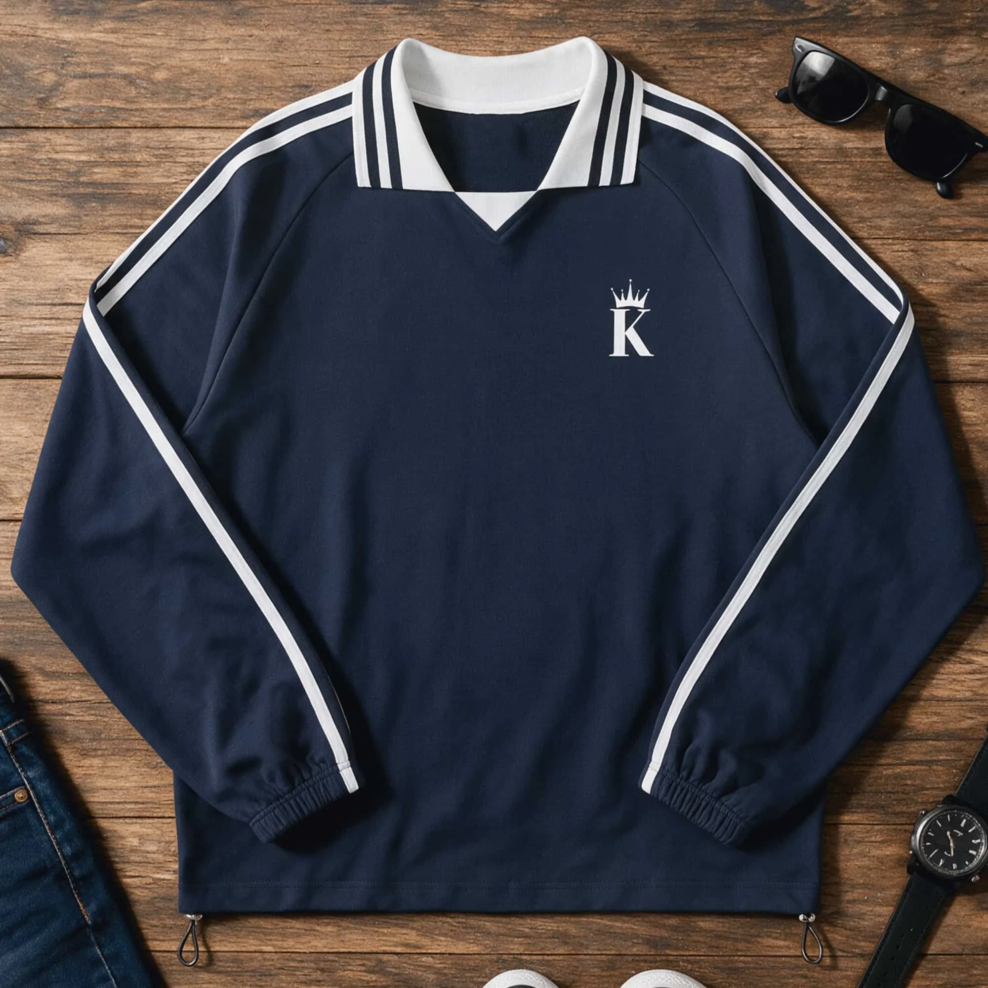KING Contrast Striped Lapel Collar Sweatshirt