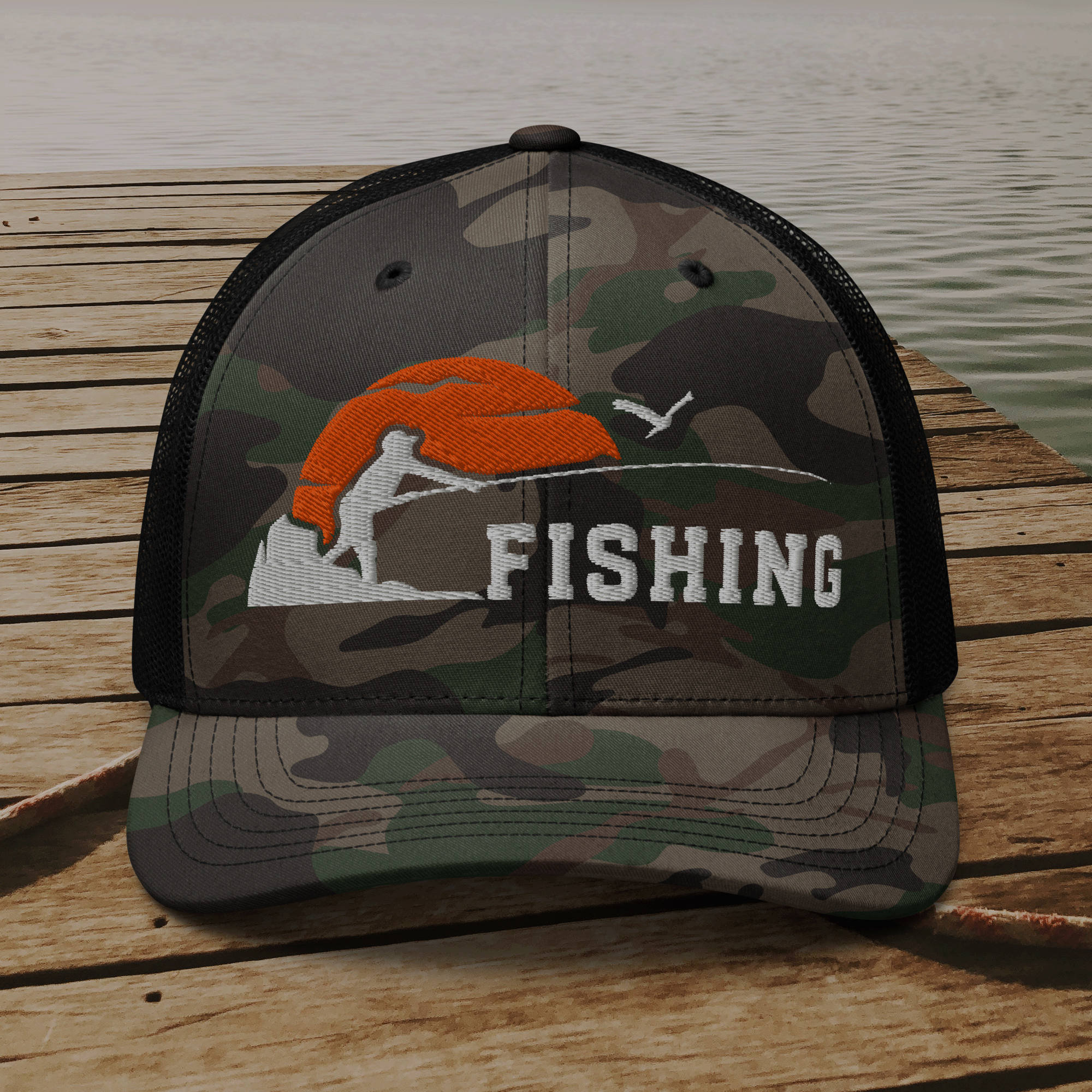 Embroidered Sunset Fishing Camouflage Trucker Hat