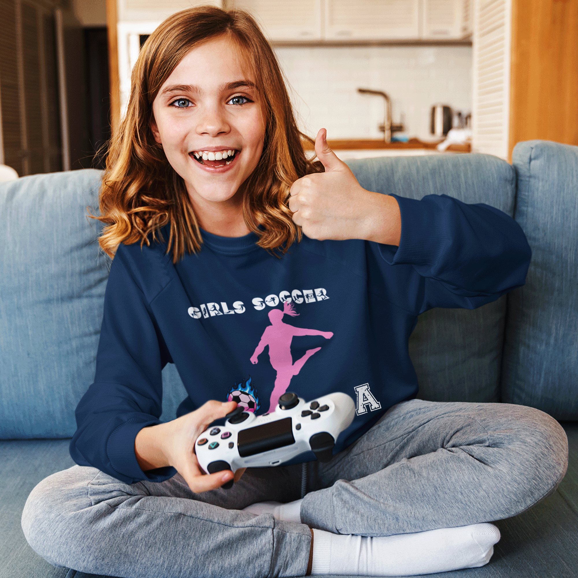 Girls Personalized Soccer Pink Silhouette Youth Crewneck Sweatshirt