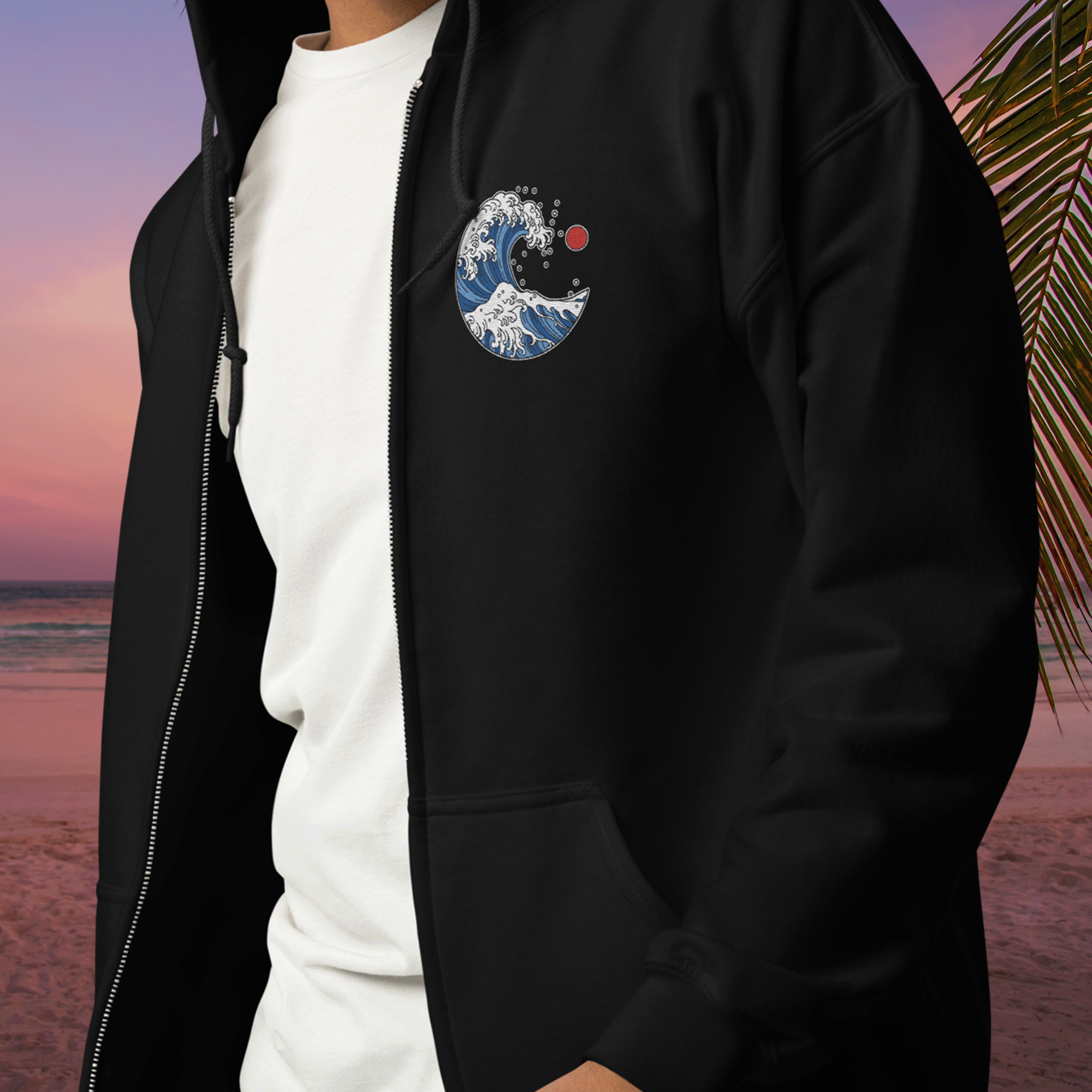 Japanese-Style Ocean Wave Zip Up Hoodie