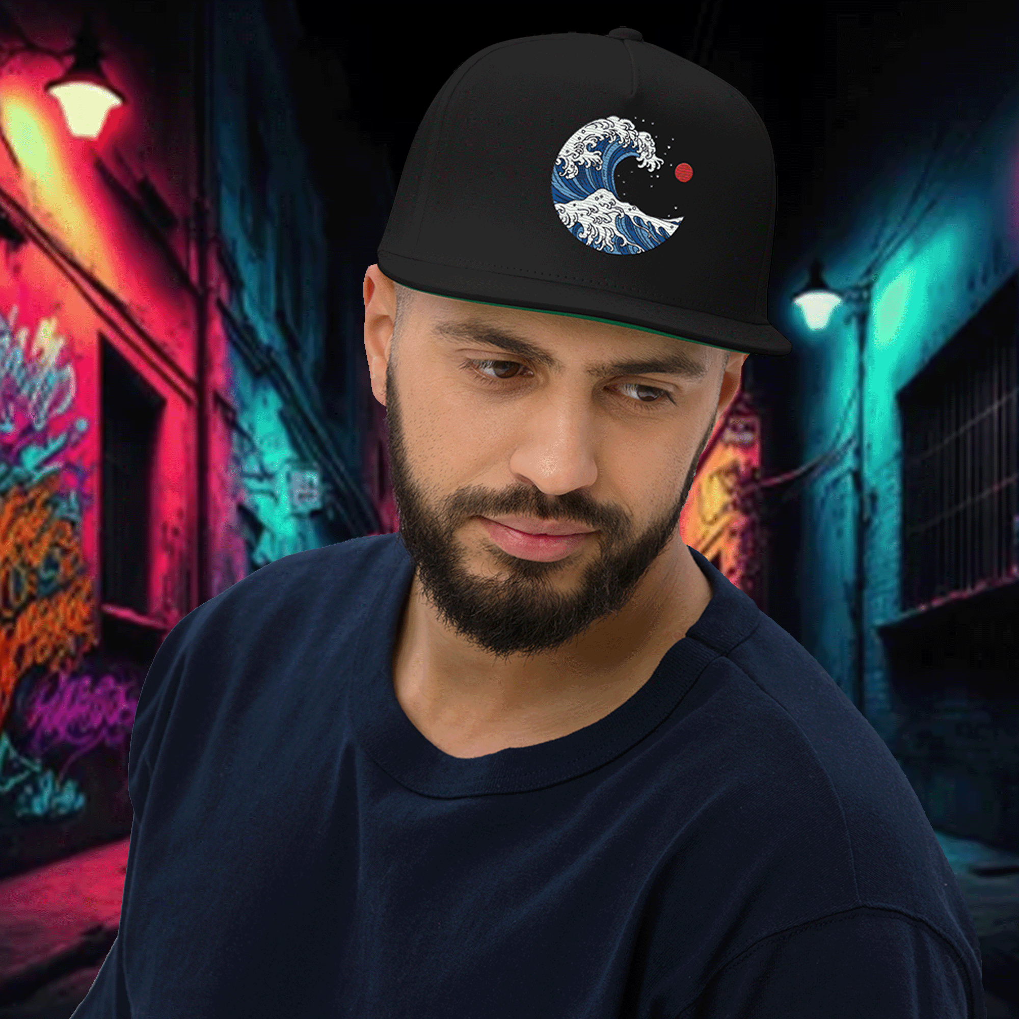 Embroidered Ocean Wave Flat Bill Cap