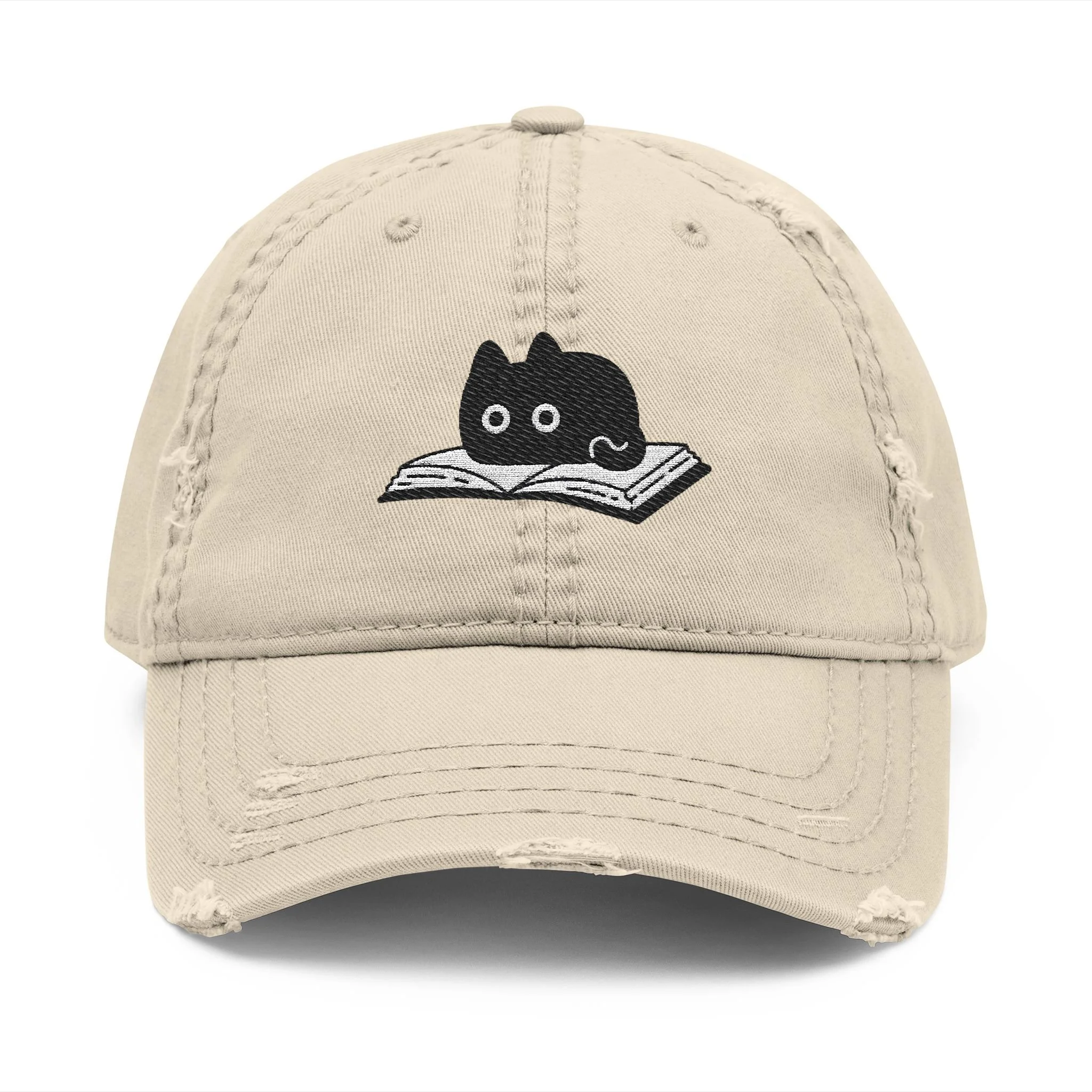 Embroidered Cat Reading Book Distressed Cap