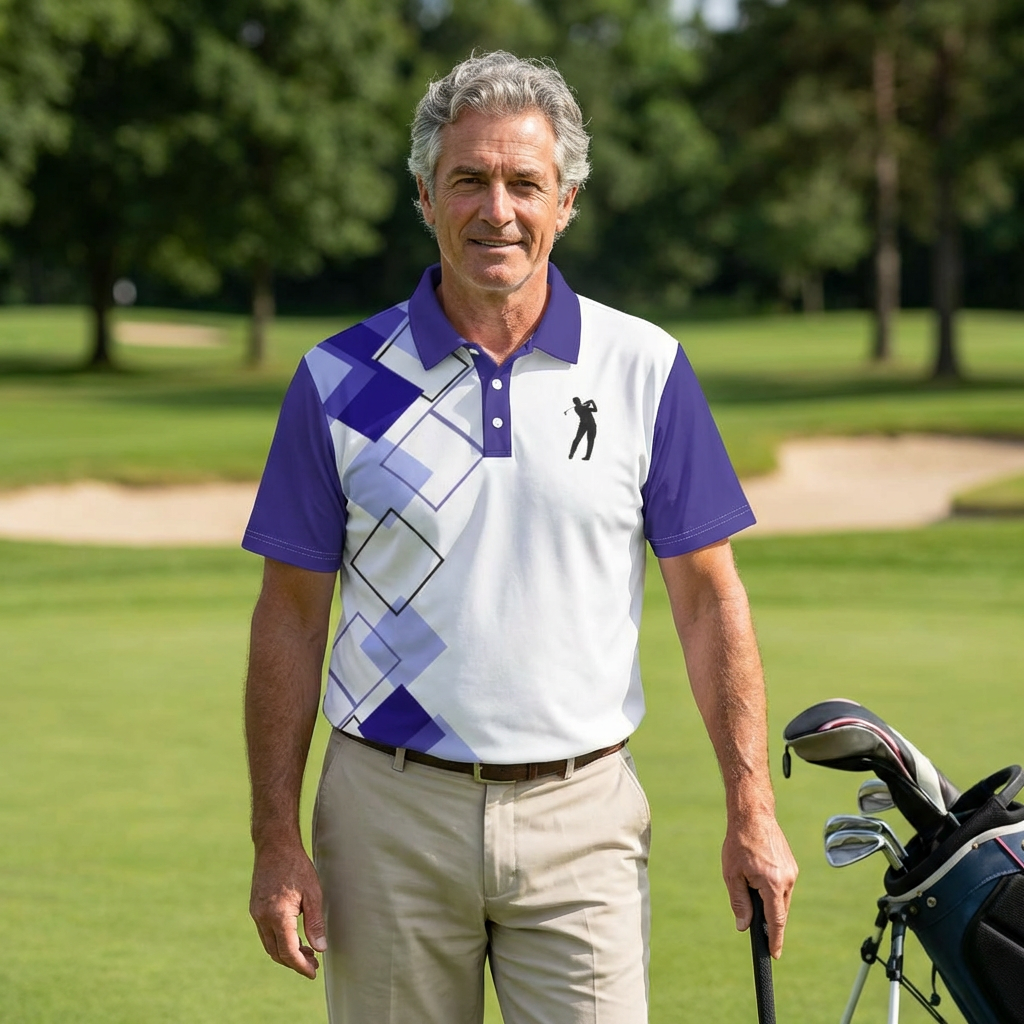 An older man standing on a golf course, holding a golf club, beside a golf bag with clubs, wearing a colorful golf shirt with purple and white geometric patterns, and smiling at the camera.