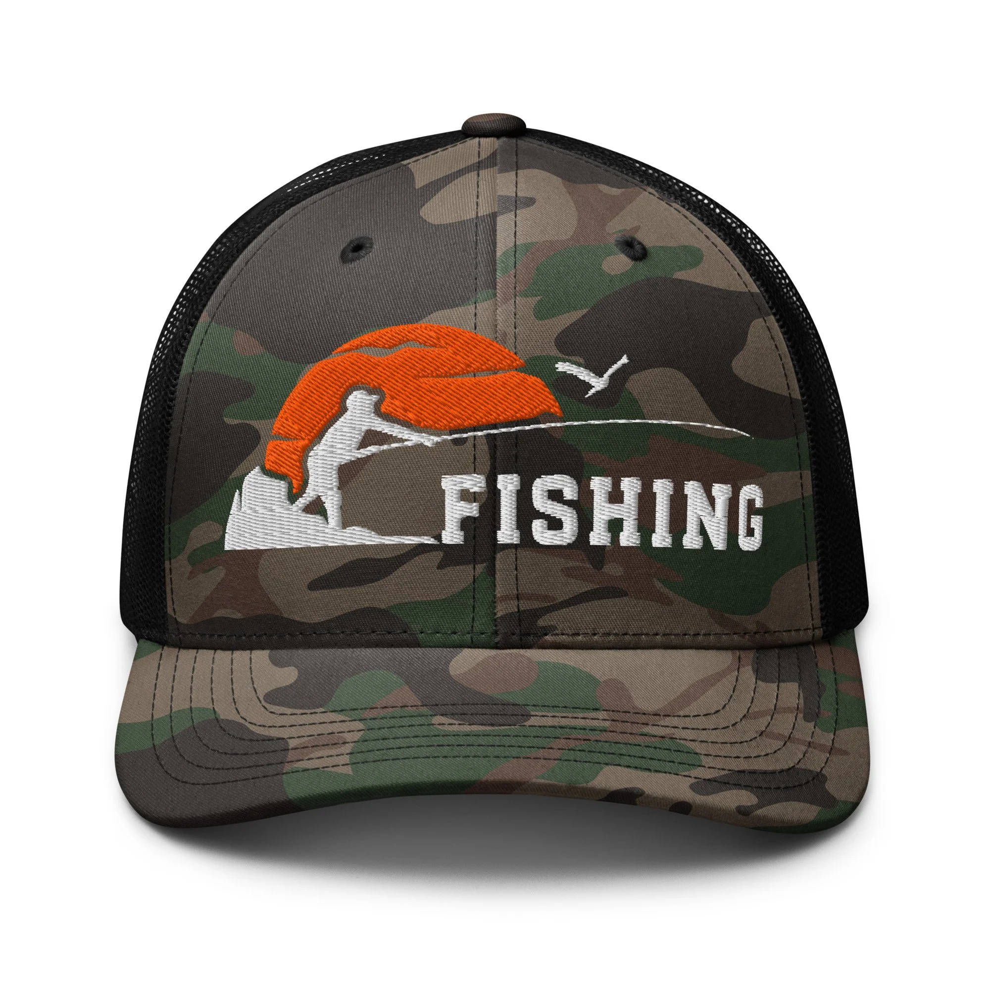 Embroidered Sunset Fishing Camouflage Trucker Hat