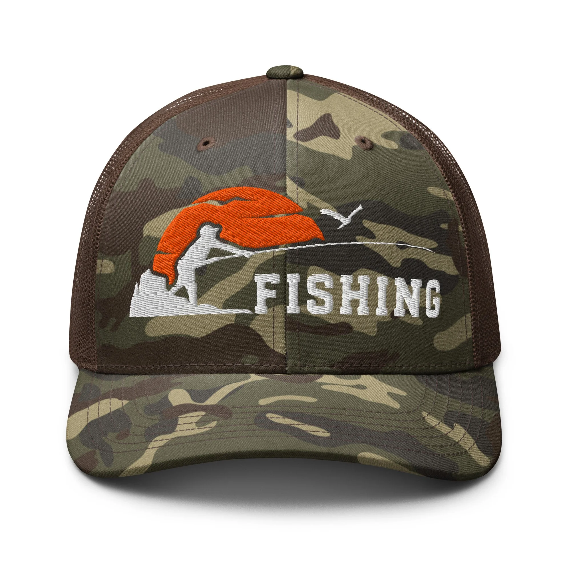 Embroidered Sunset Fishing Camouflage Trucker Hat