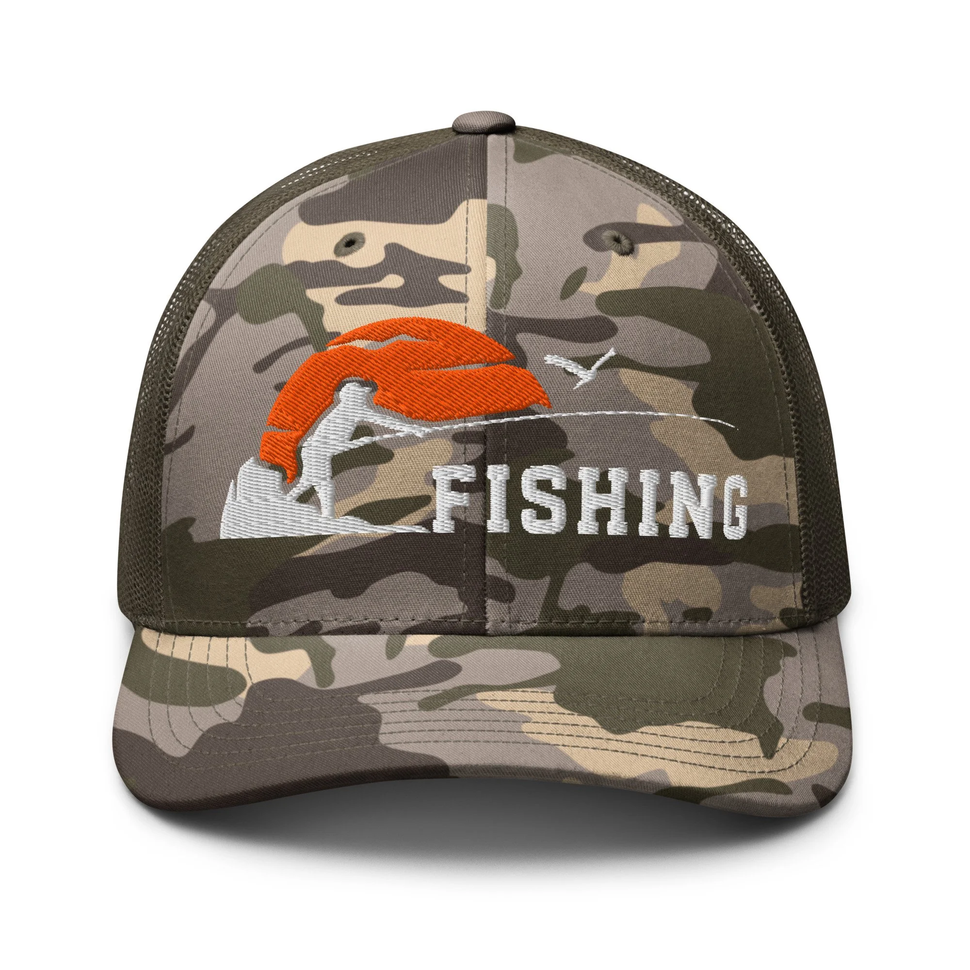 Embroidered Sunset Fishing Camouflage Trucker Hat