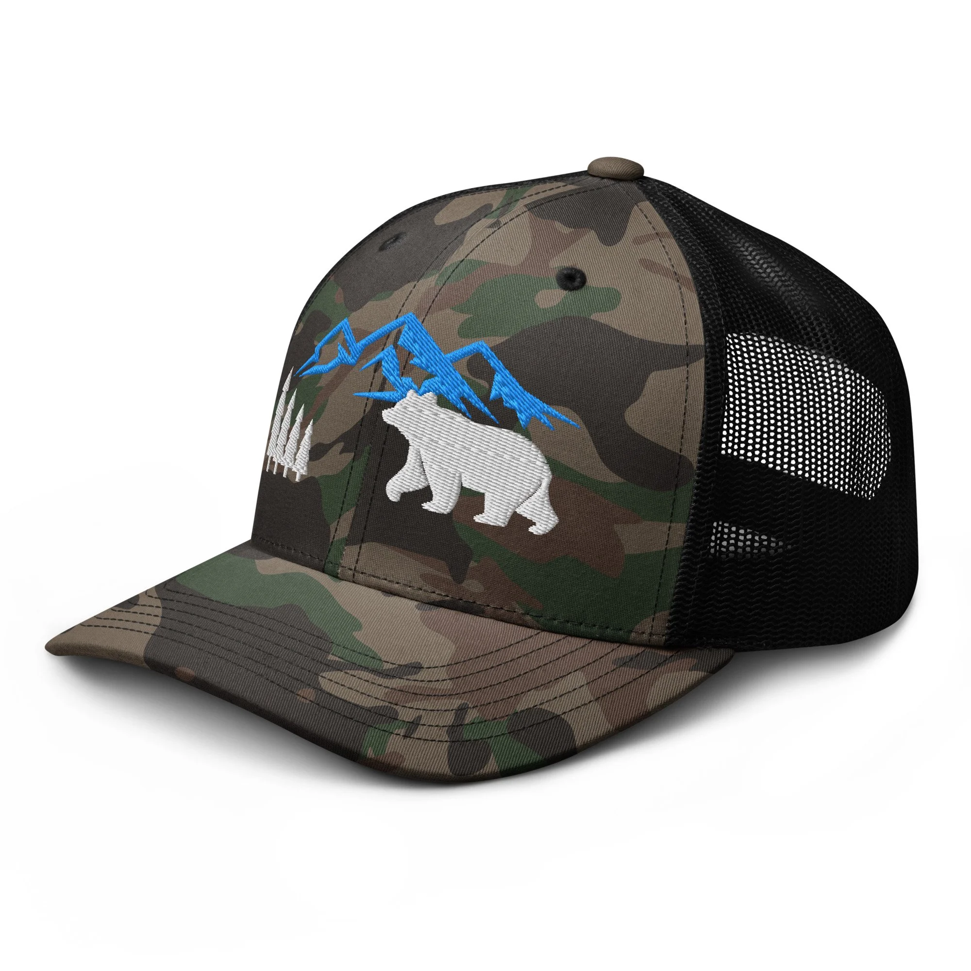 Embroidered Mountain Bear Camouflage Trucker Hat
