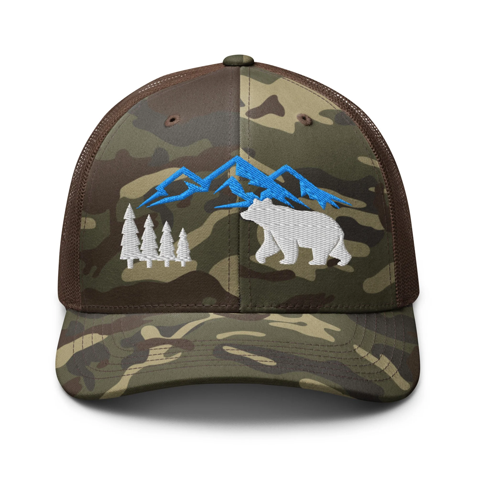 Embroidered Mountain Bear Camouflage Trucker Hat