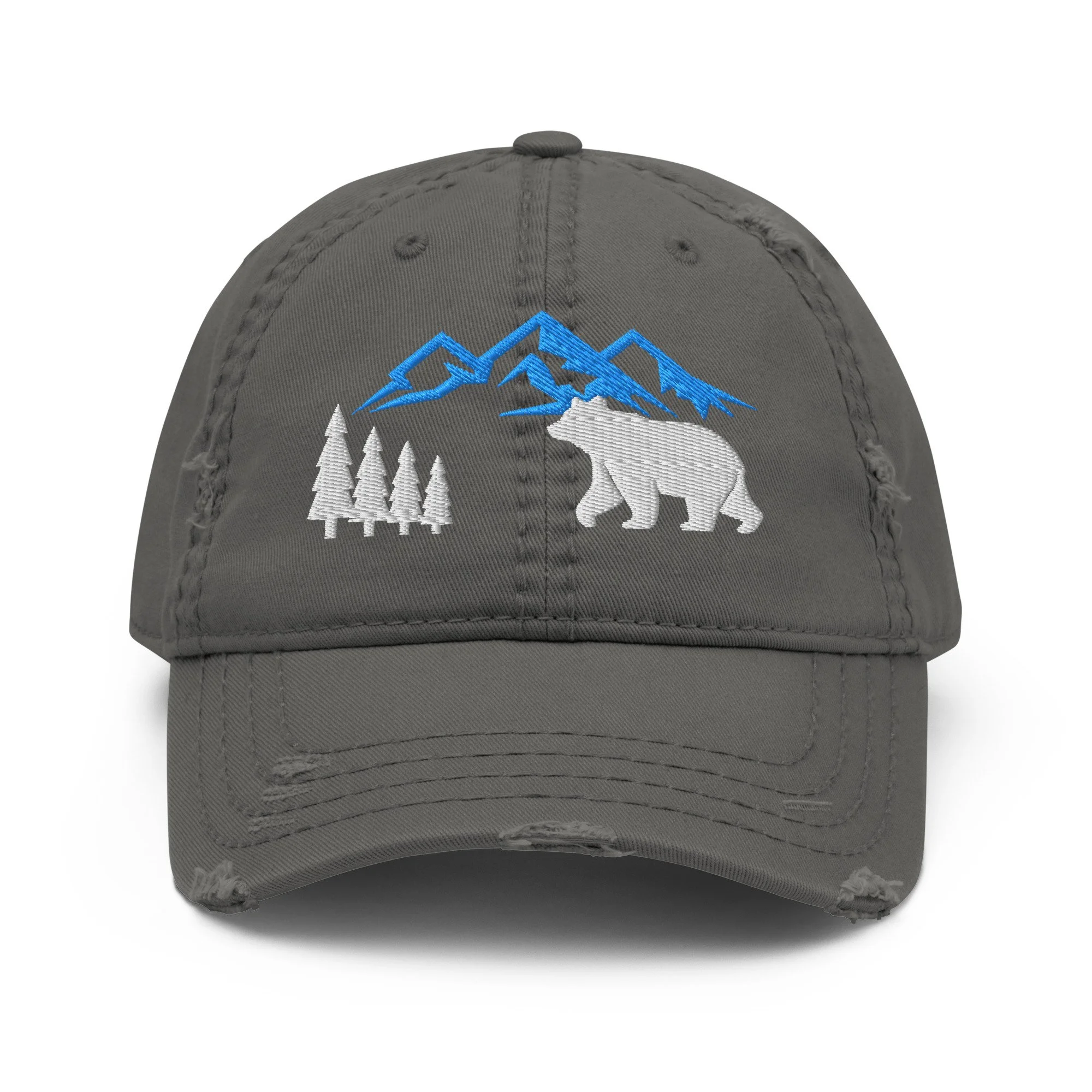 Embroidered Mountain Bear Distressed Dad Hat