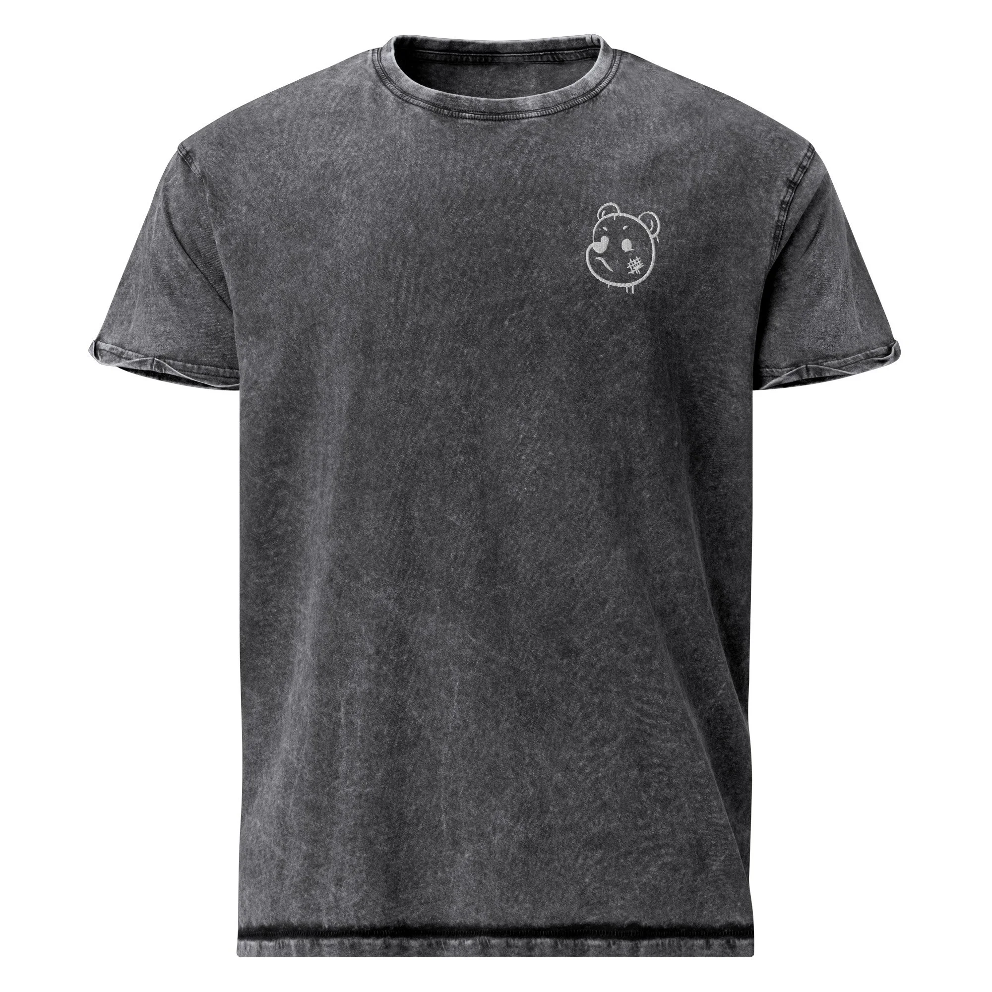 Embroidered Graffiti Bear Washed Denim Streetwear T-Shirt