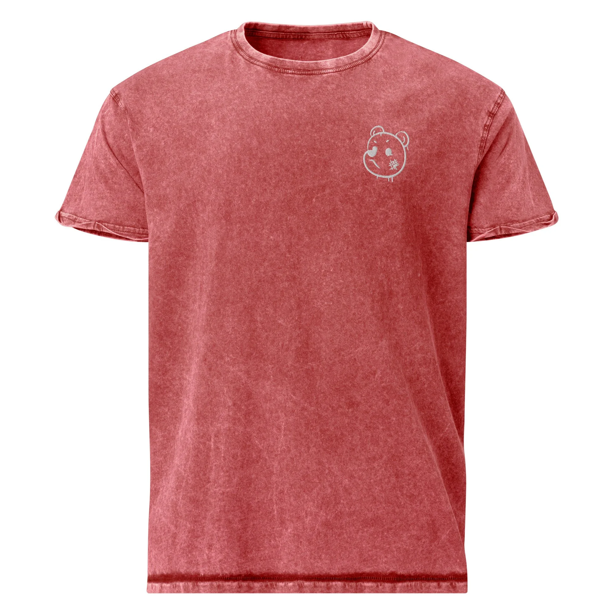 Embroidered Graffiti Bear Washed Denim Streetwear T-Shirt