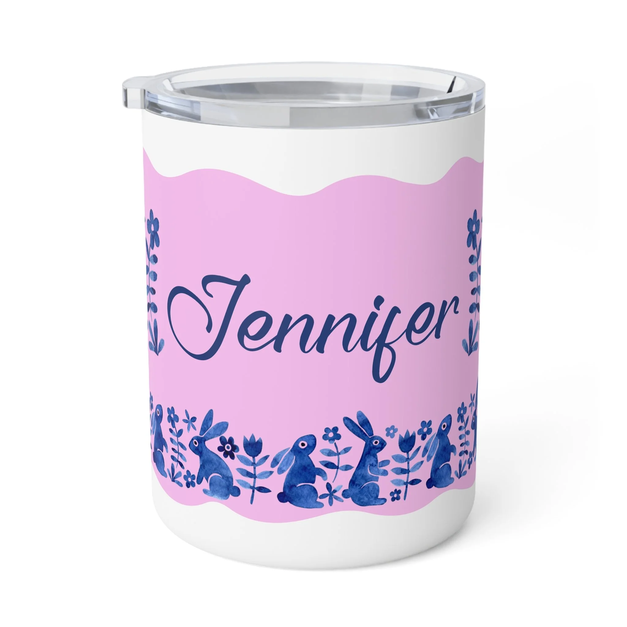 Personalized Blue Bunny Folk Art Insulated Coffee Mug