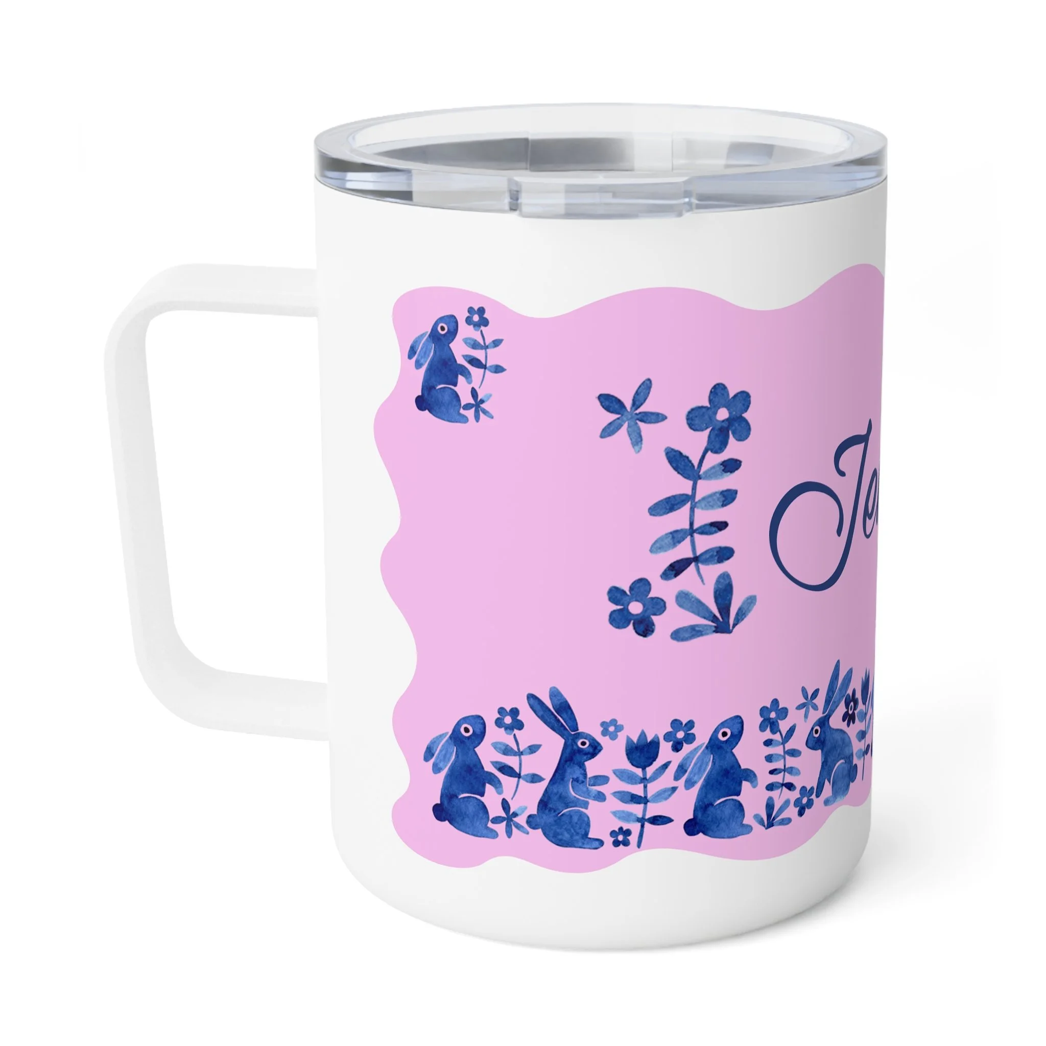Personalized Blue Bunny Folk Art Insulated Coffee Mug