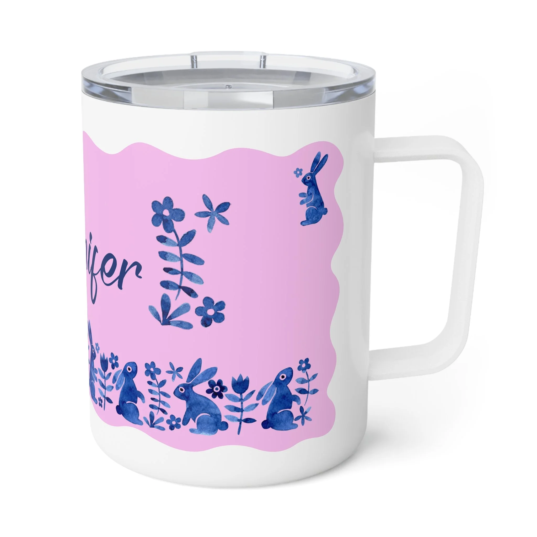 Personalized Blue Bunny Folk Art Insulated Coffee Mug