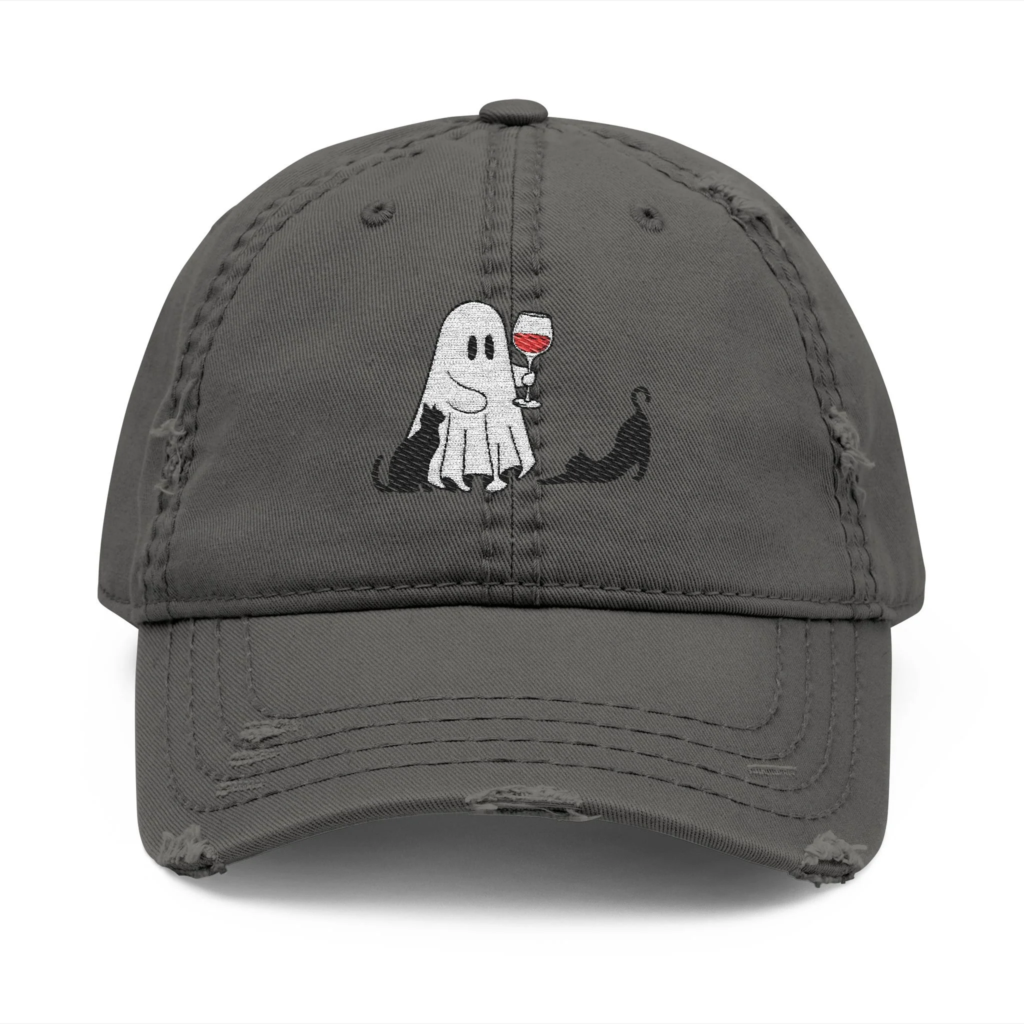 Embroidered Halloween Ghost Drinking Wine Distressed Dad Hat