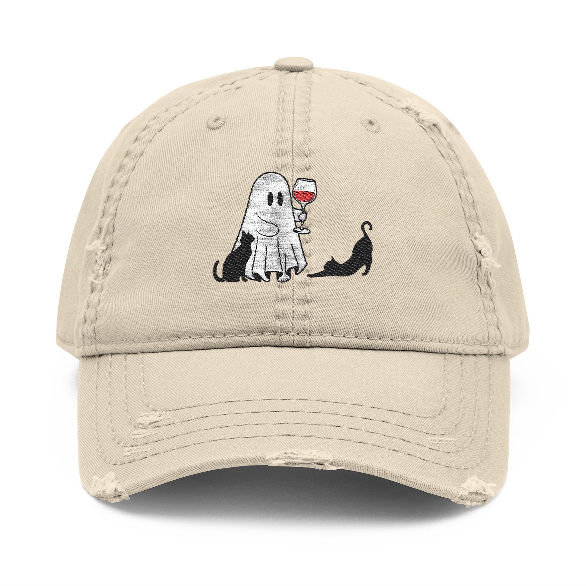 Embroidered Halloween Ghost Drinking Wine Distressed Dad Hat