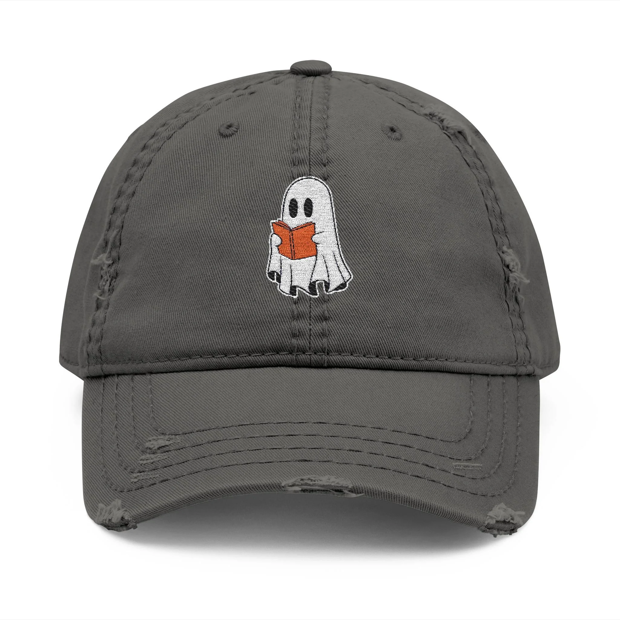 Embroidered Halloween Ghost Reading Book Distressed Dad Hat