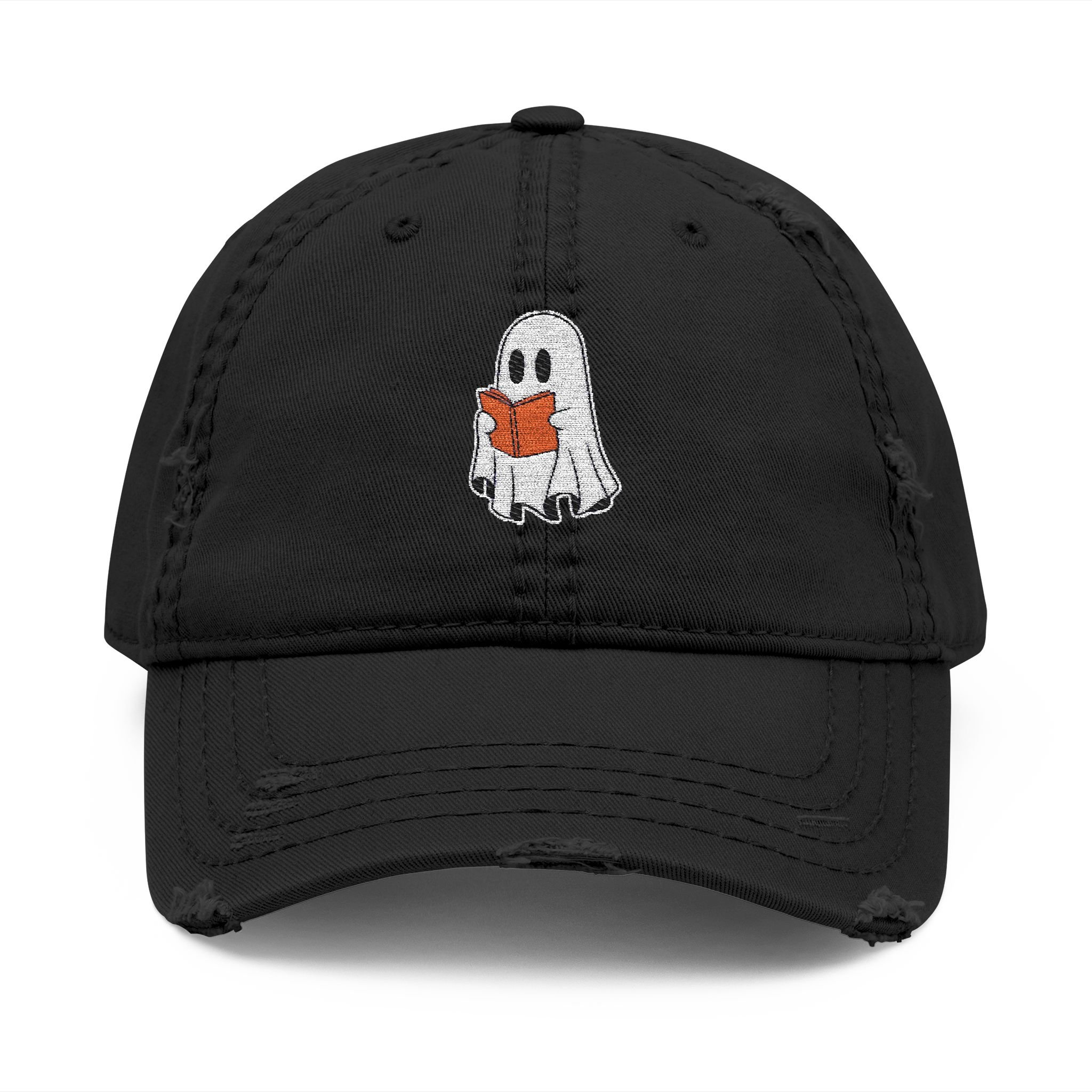 Embroidered Halloween Ghost Reading Book Distressed Dad Hat