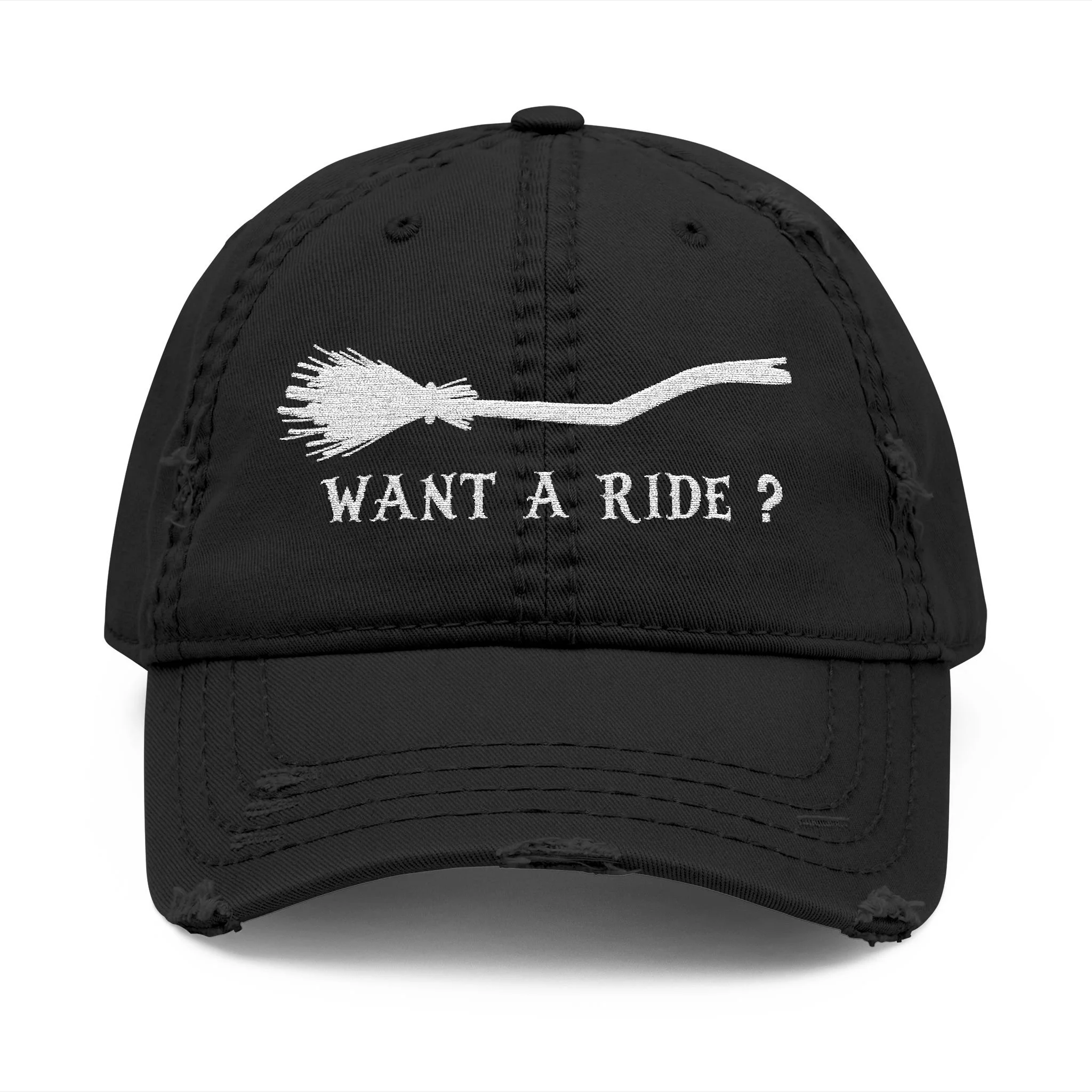 Embroidered Halloween Witch Broom Distressed Dad Hat