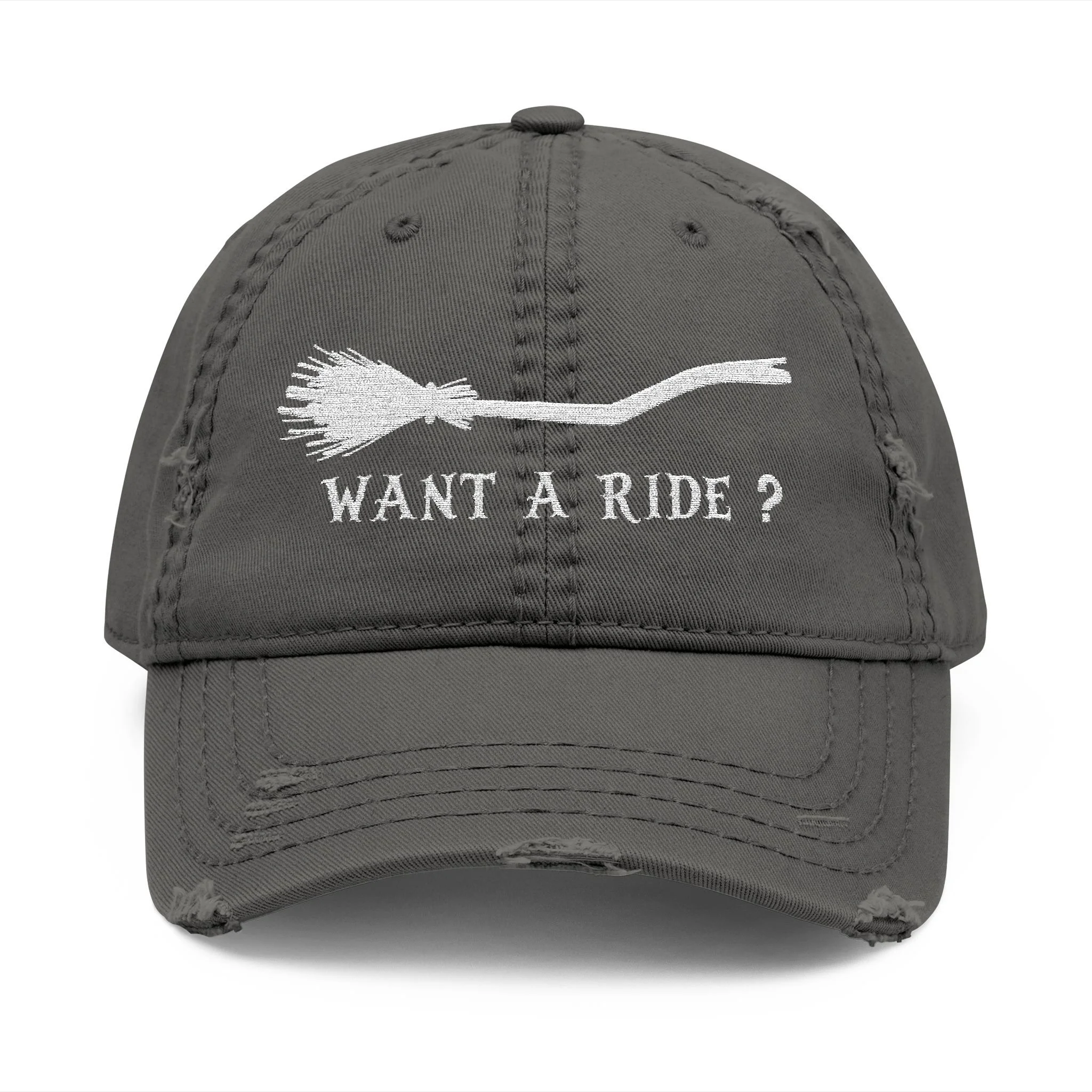 Embroidered Halloween Witch Broom Distressed Dad Hat