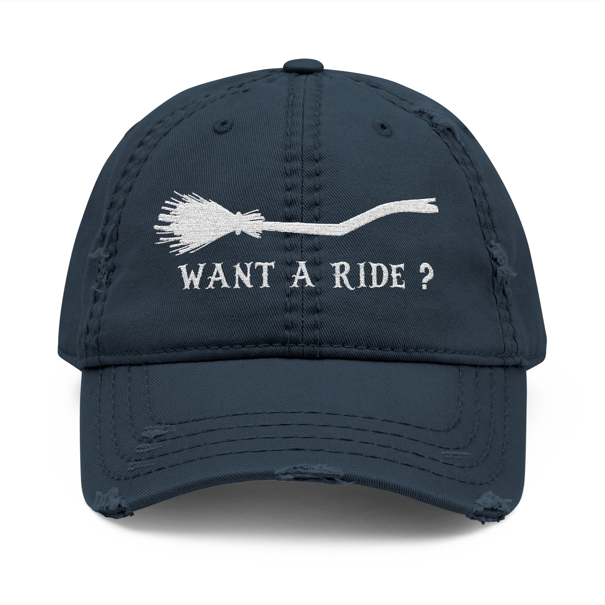 Embroidered Halloween Witch Broom Distressed Dad Hat