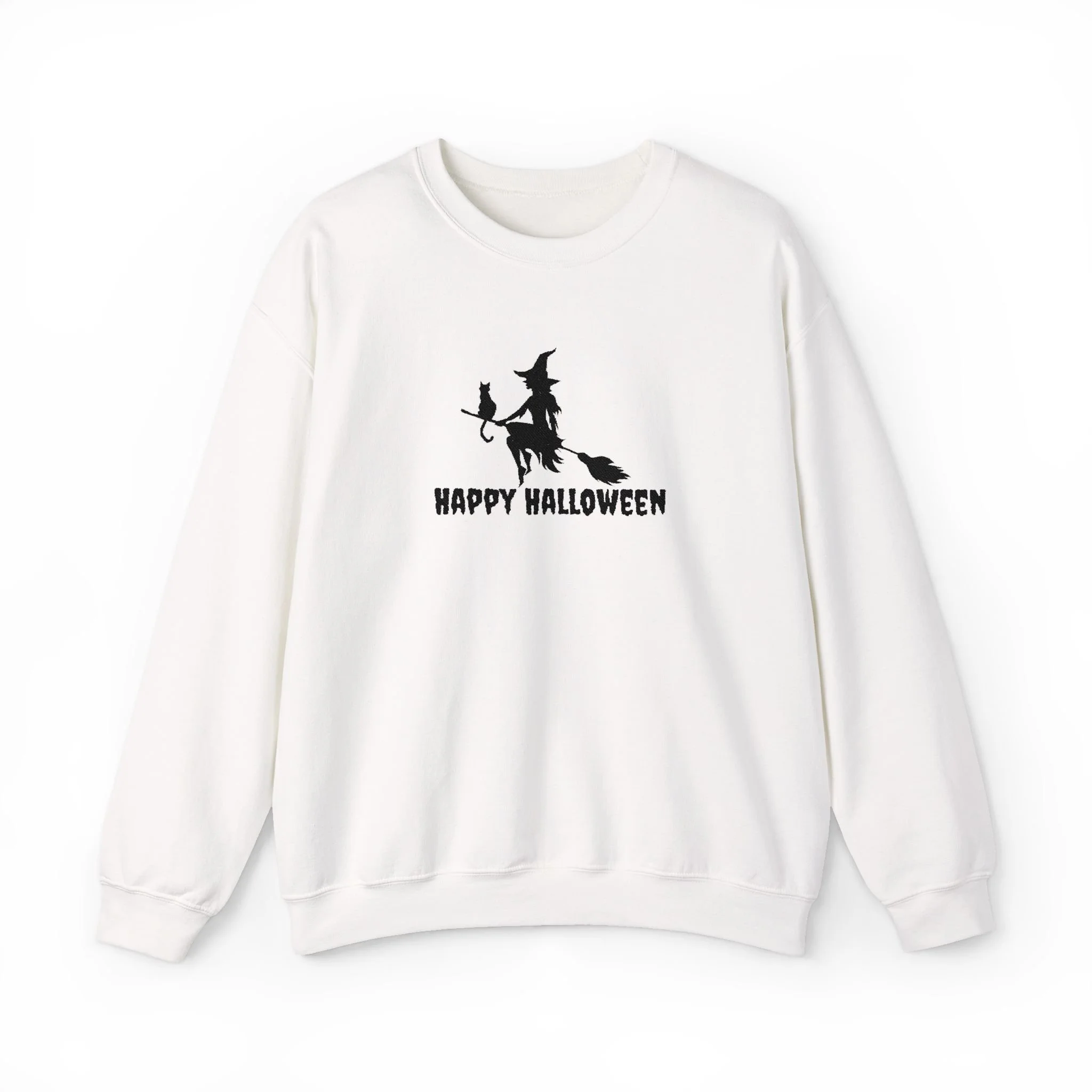 Embroidered Halloween Witch and Cat Silhouette Crewneck