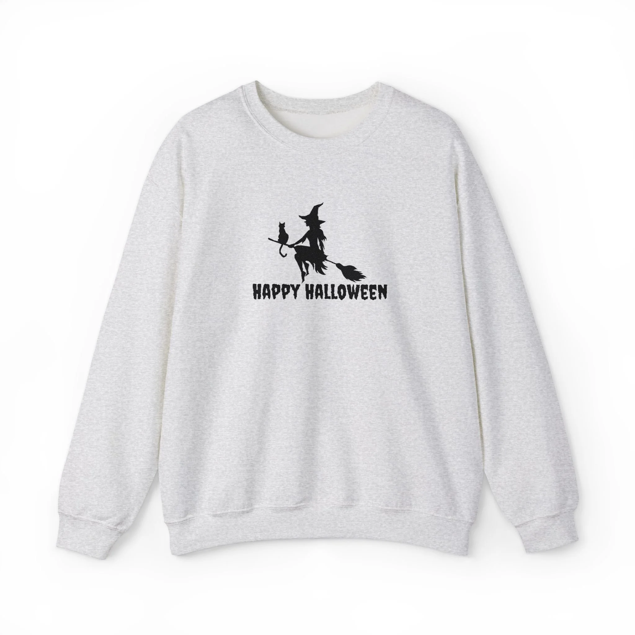 Embroidered Halloween Witch and Cat Silhouette Crewneck