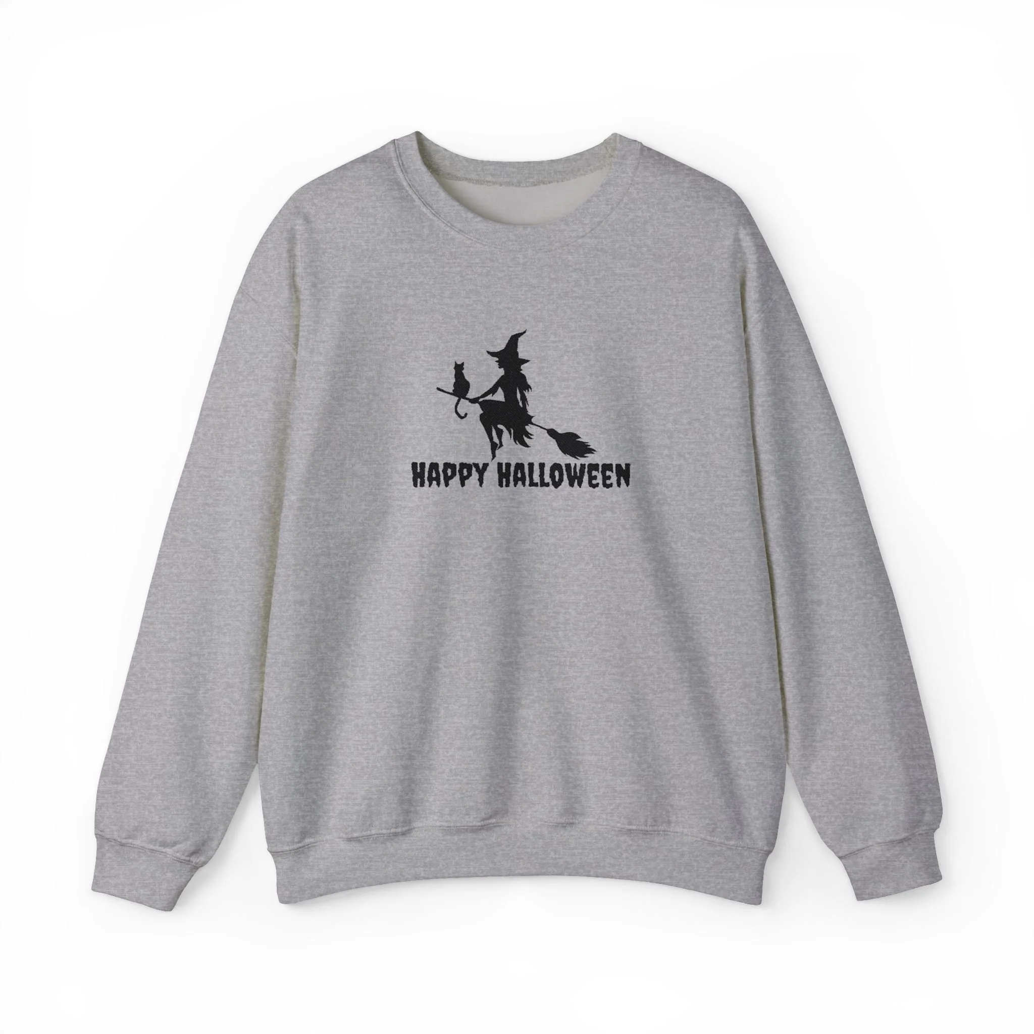Embroidered Halloween Witch and Cat Silhouette Crewneck