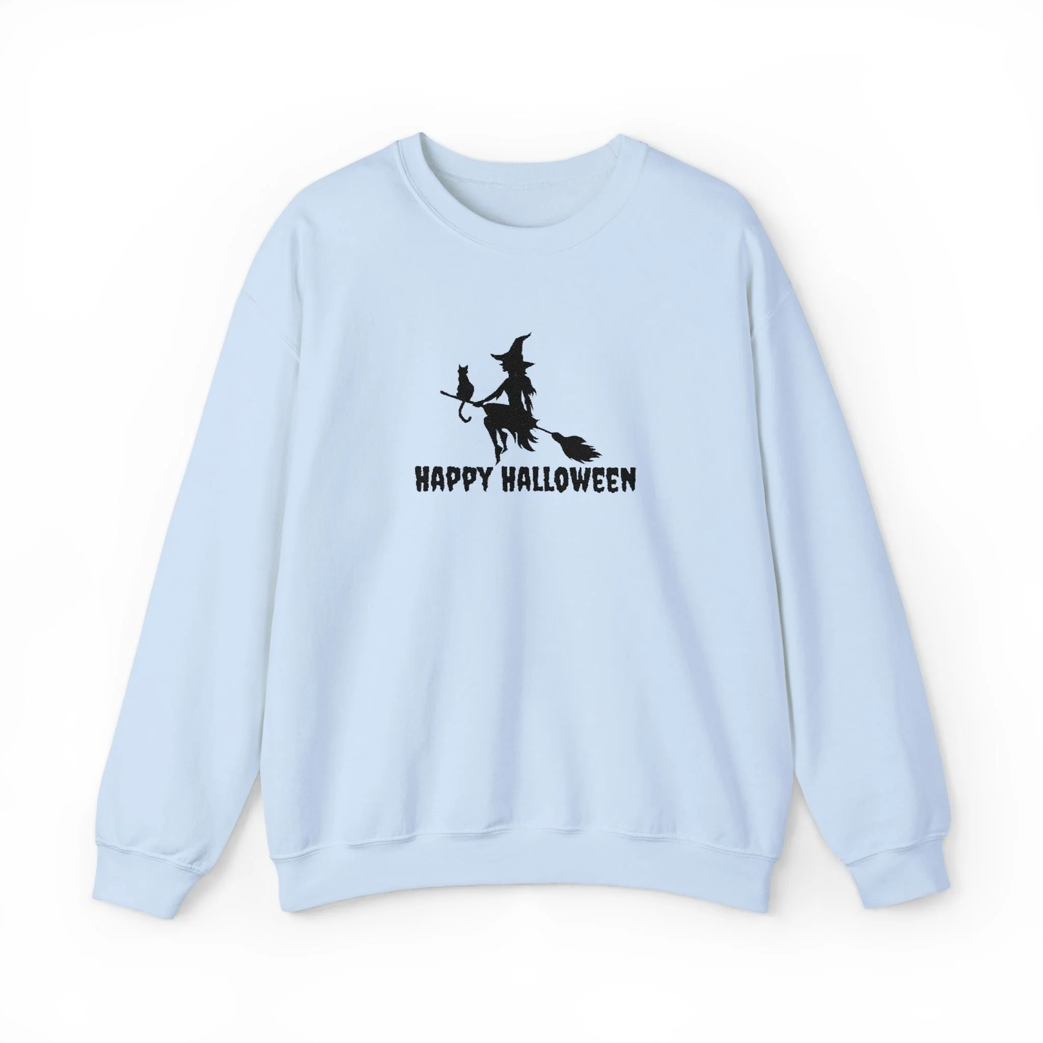 Embroidered Halloween Witch and Cat Silhouette Crewneck