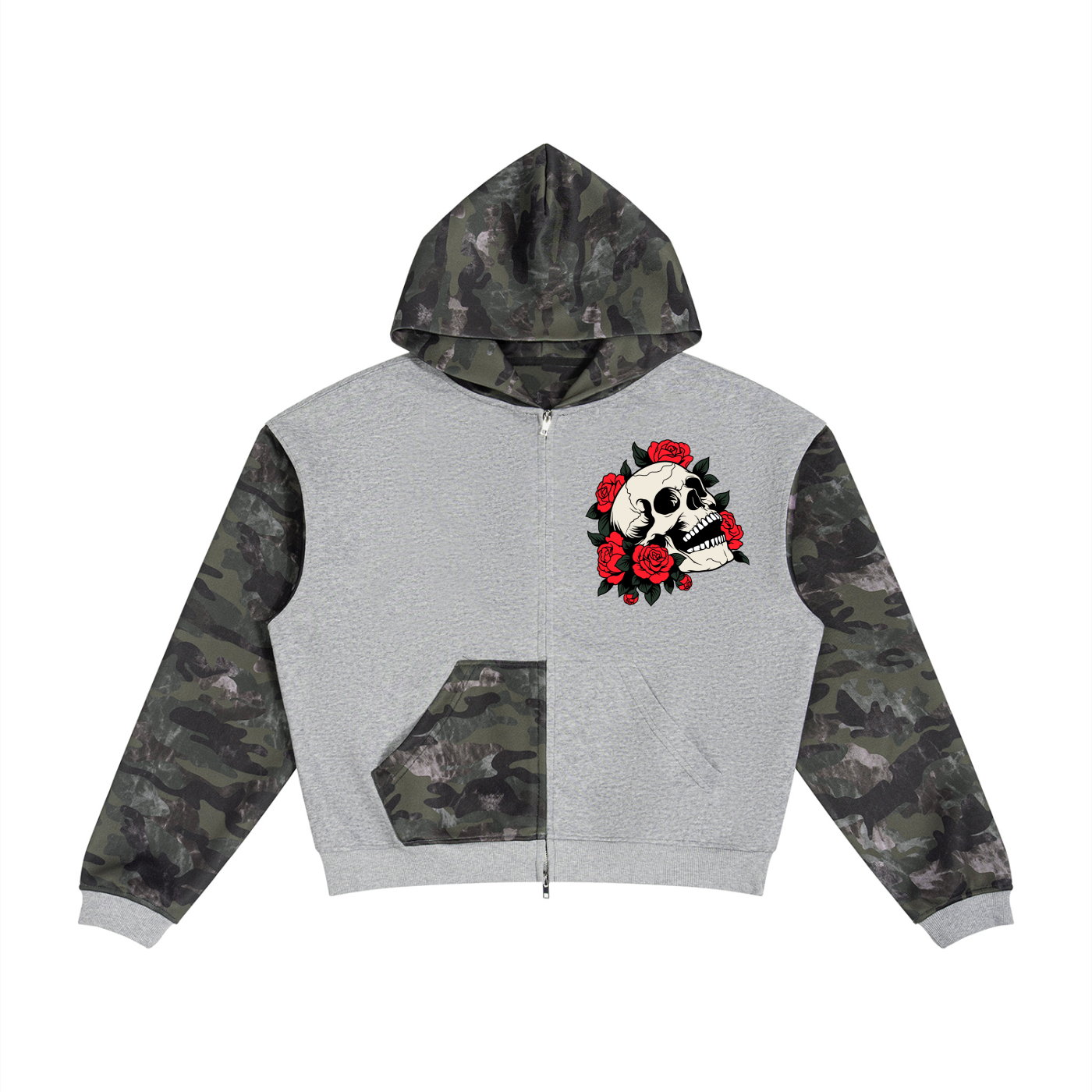 Skull & Roses Unisex Colorblock Camo Full Zip Boxy Hoodie