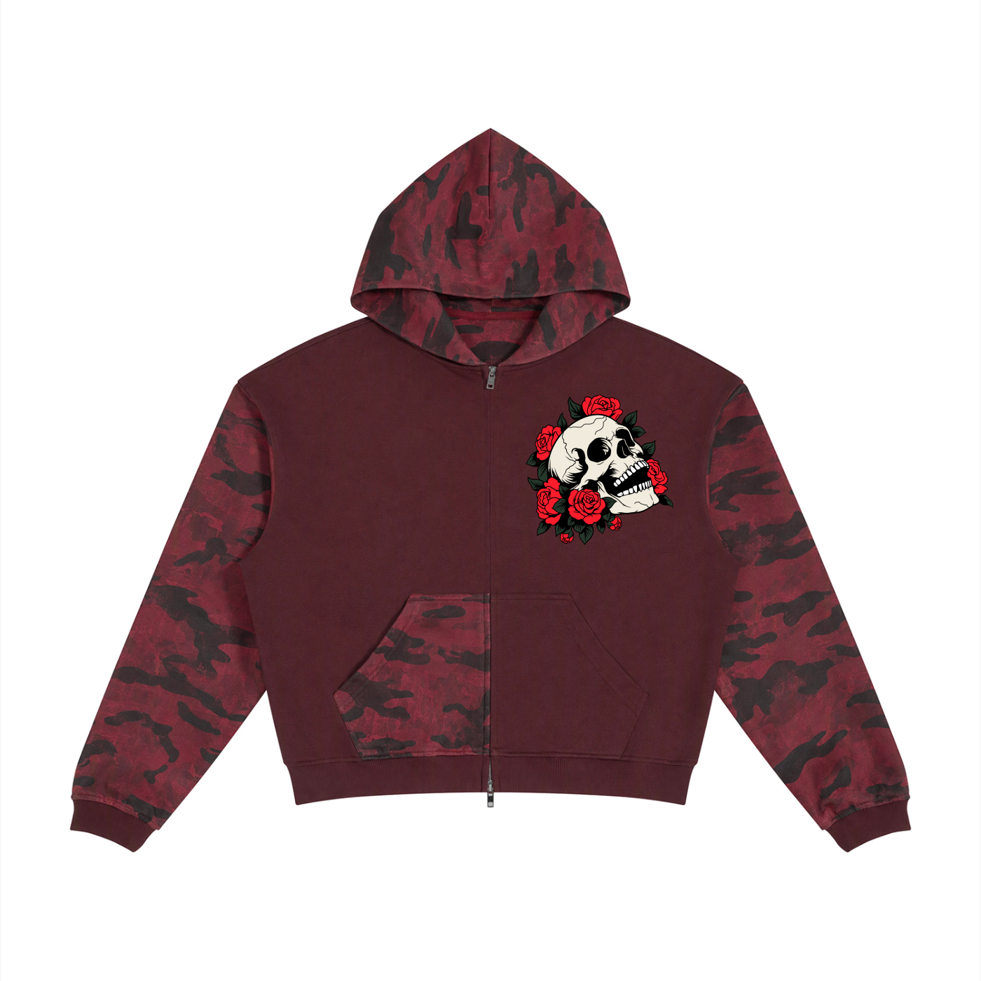 Skull & Roses Unisex Colorblock Camo Full Zip Boxy Hoodie