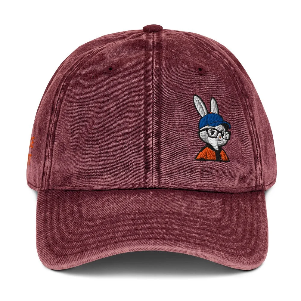 Embroidered Orange Rabbit Vintage Washed Cotton Twill Cap