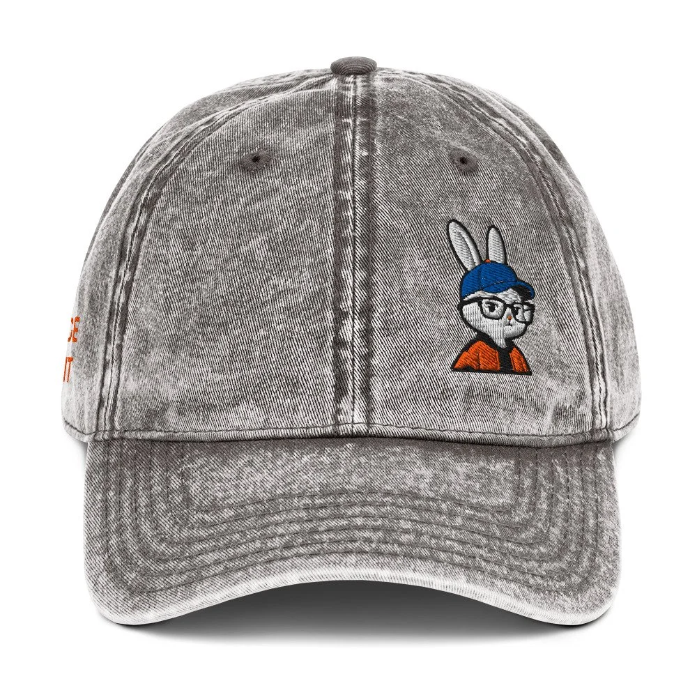 Embroidered Orange Rabbit Vintage Washed Cotton Twill Cap