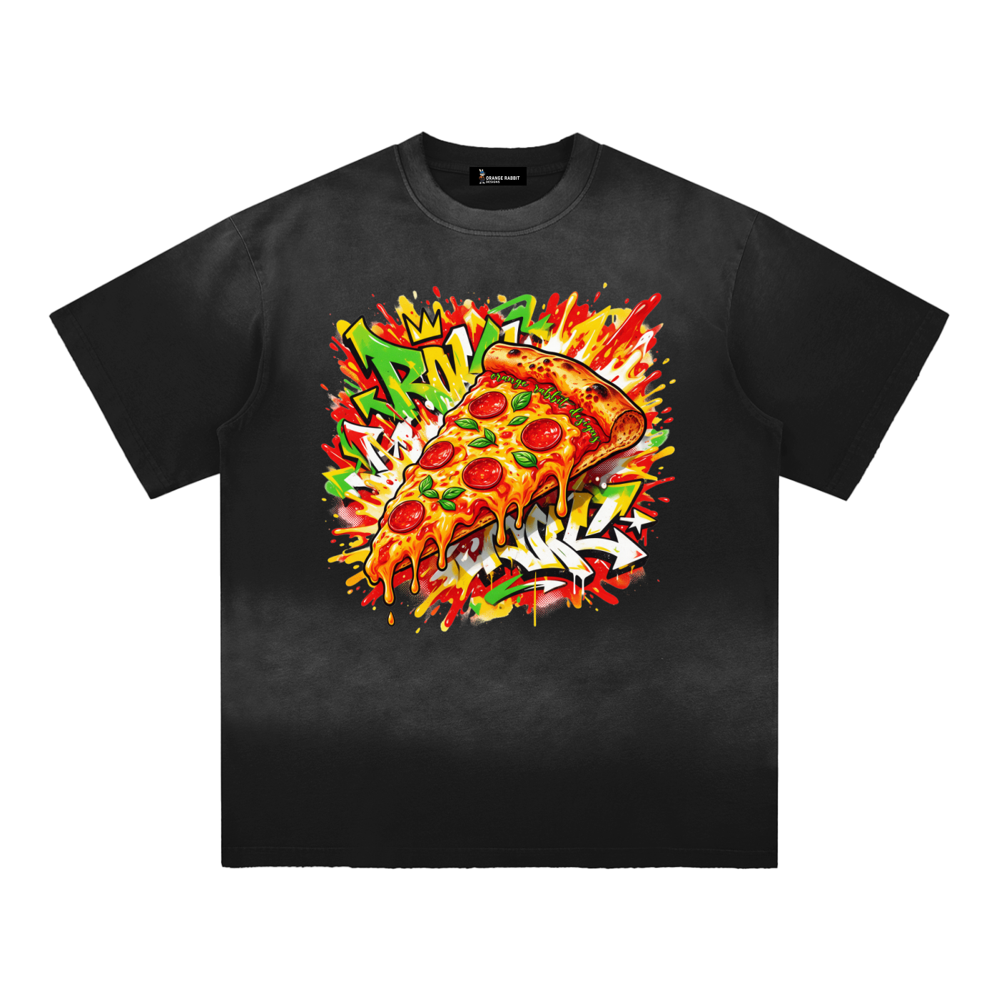 Pizza Graffiti Sun Faded Hand-Frayed Cotton T-Shirt