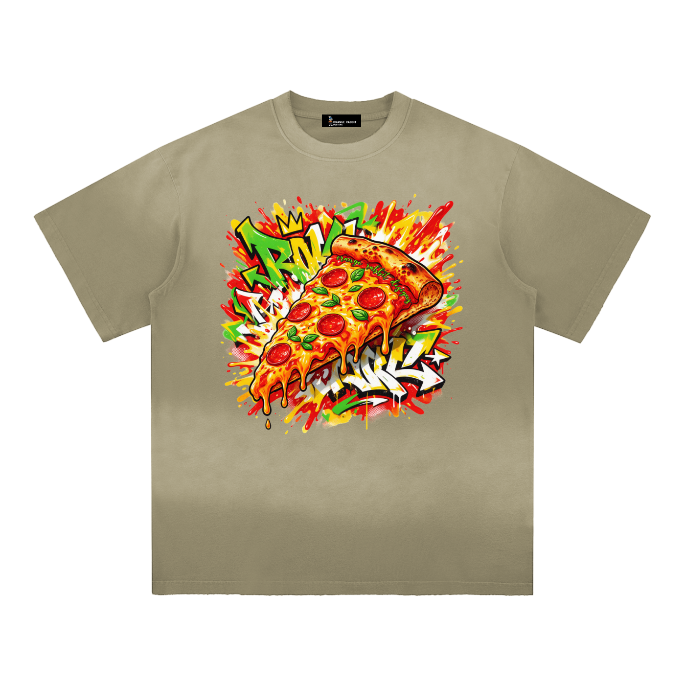 Pizza Graffiti Sun Faded Hand-Frayed Cotton T-Shirt