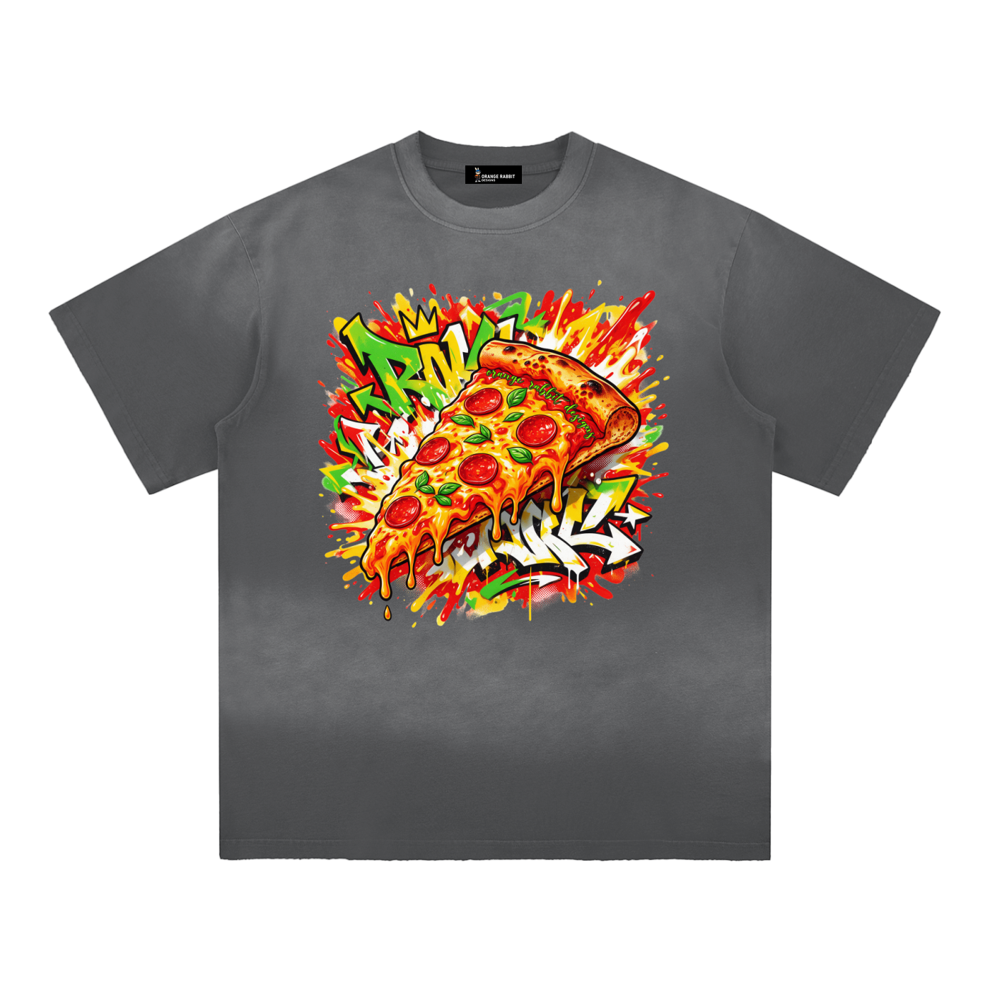 Pizza Graffiti Sun Faded Hand-Frayed Cotton T-Shirt