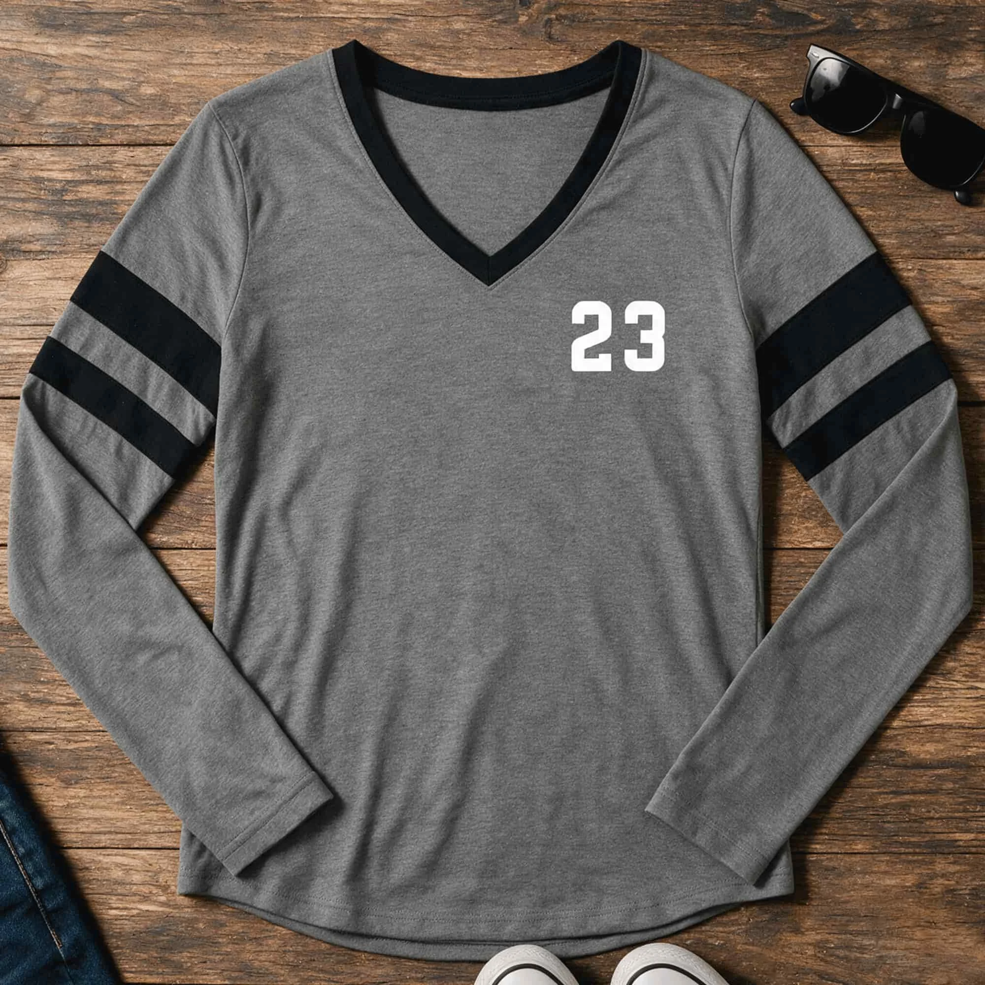 Personalized Women's Lucky Number Halftime Stripe V-Neck Long Sleeve Tee