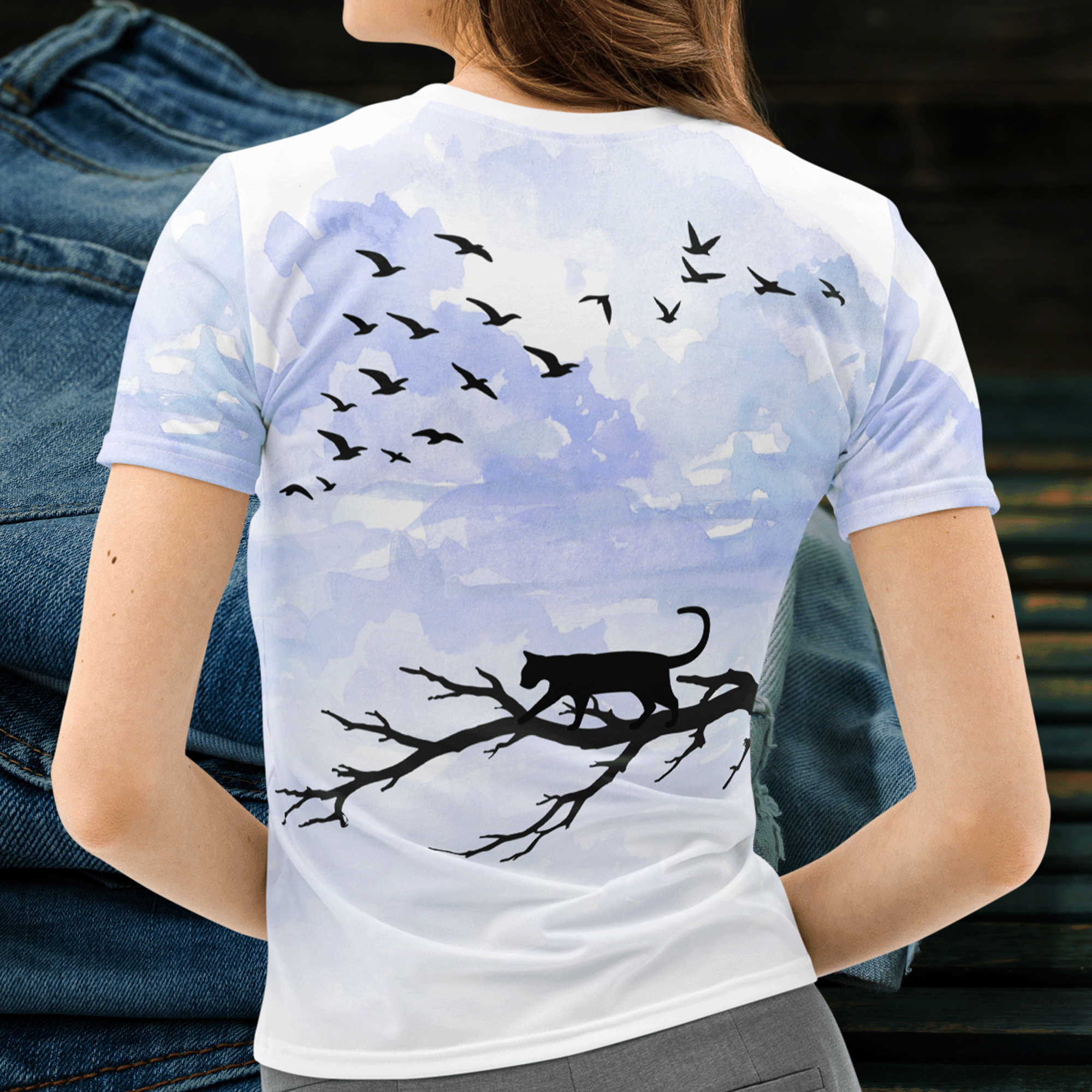 Black Cat Watching Birds Women's T-shirt