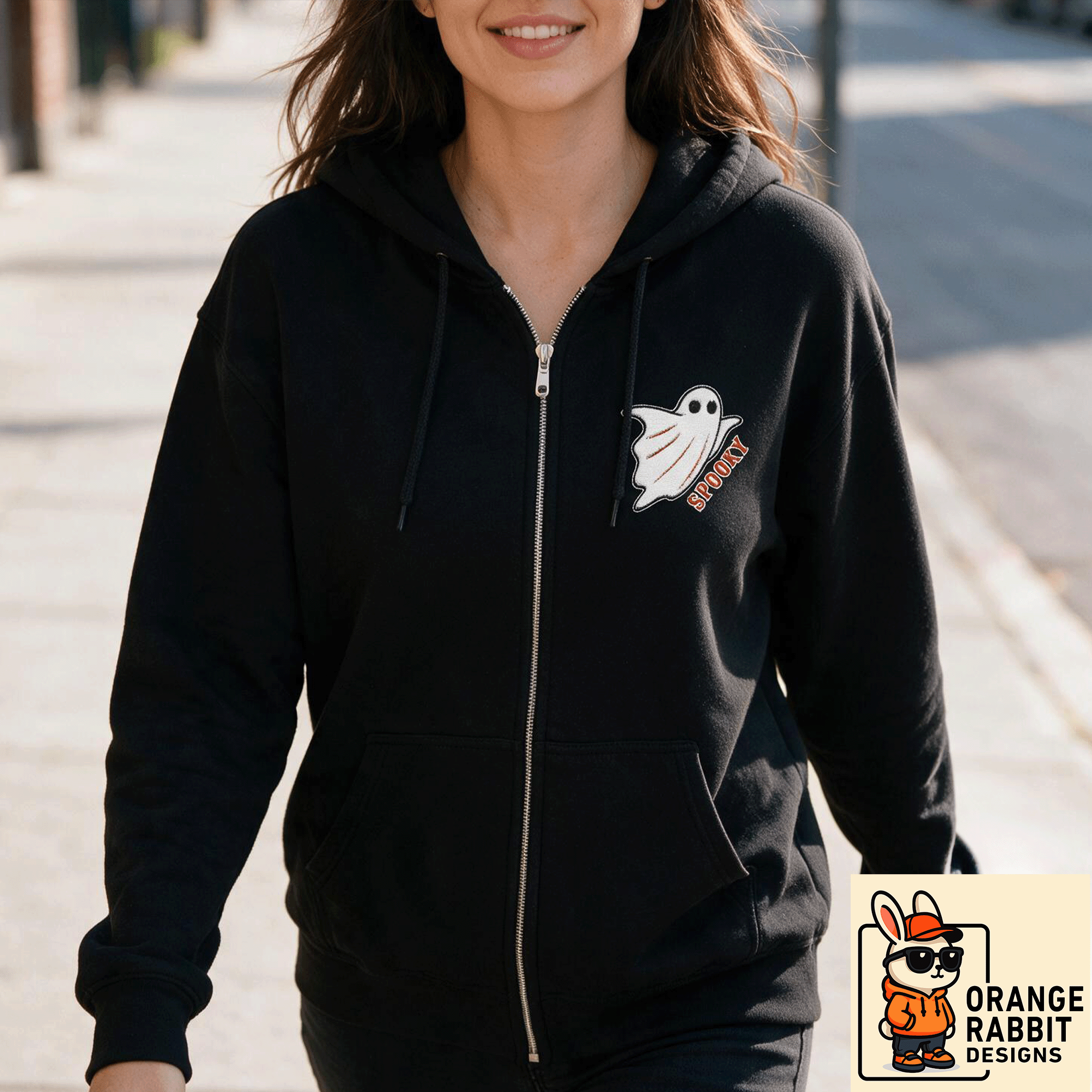 Embroidered Halloween Spooky Ghost Zip Up Hoodie