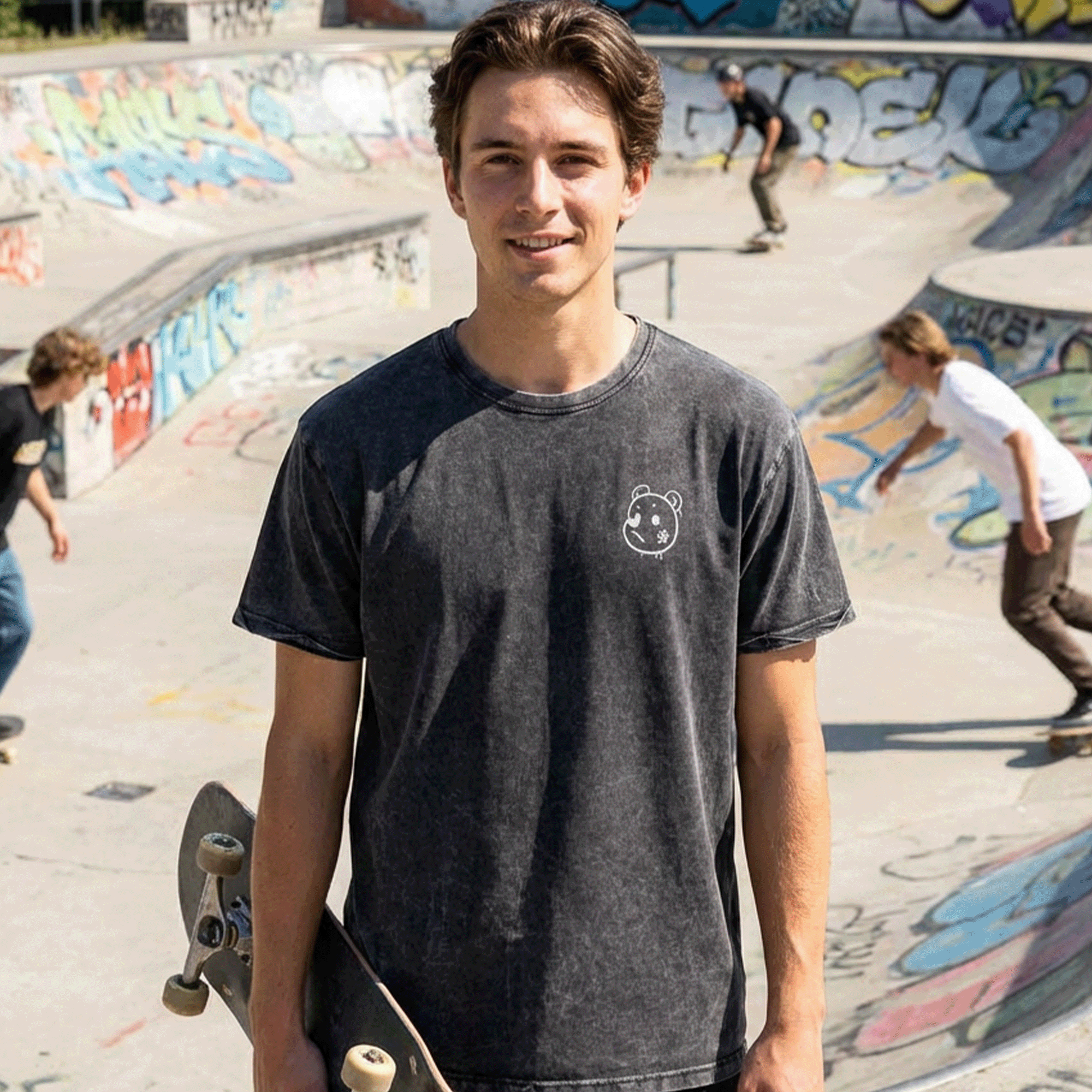 Embroidered Graffiti Bear Washed Denim Streetwear T-Shirt