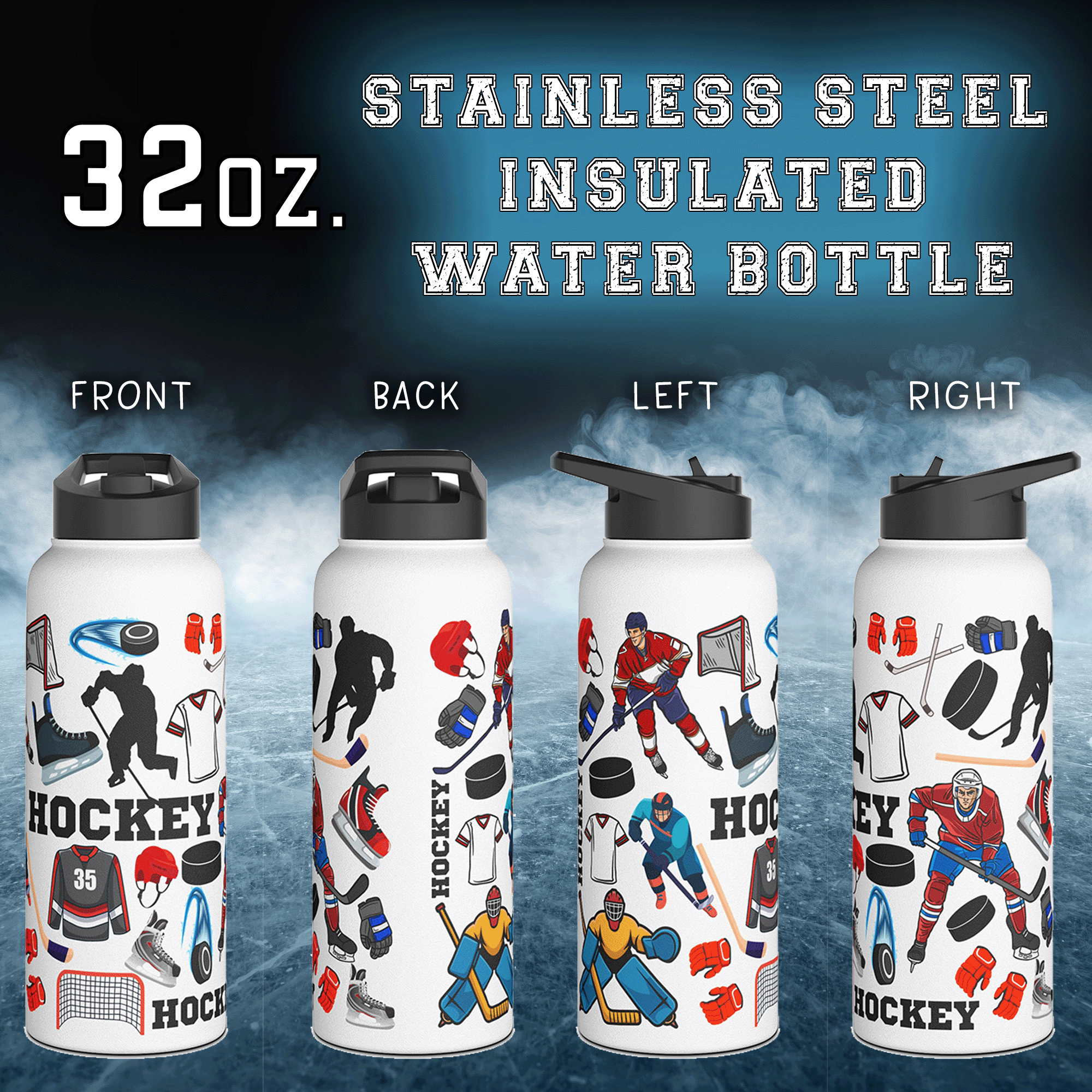 Hockey Stainless Steel 32oz Water Bottle