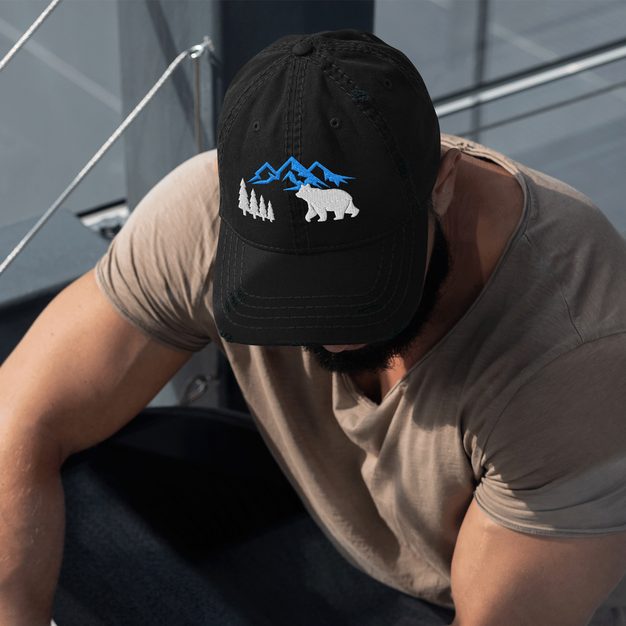 Embroidered Mountain Bear Distressed Dad Hat