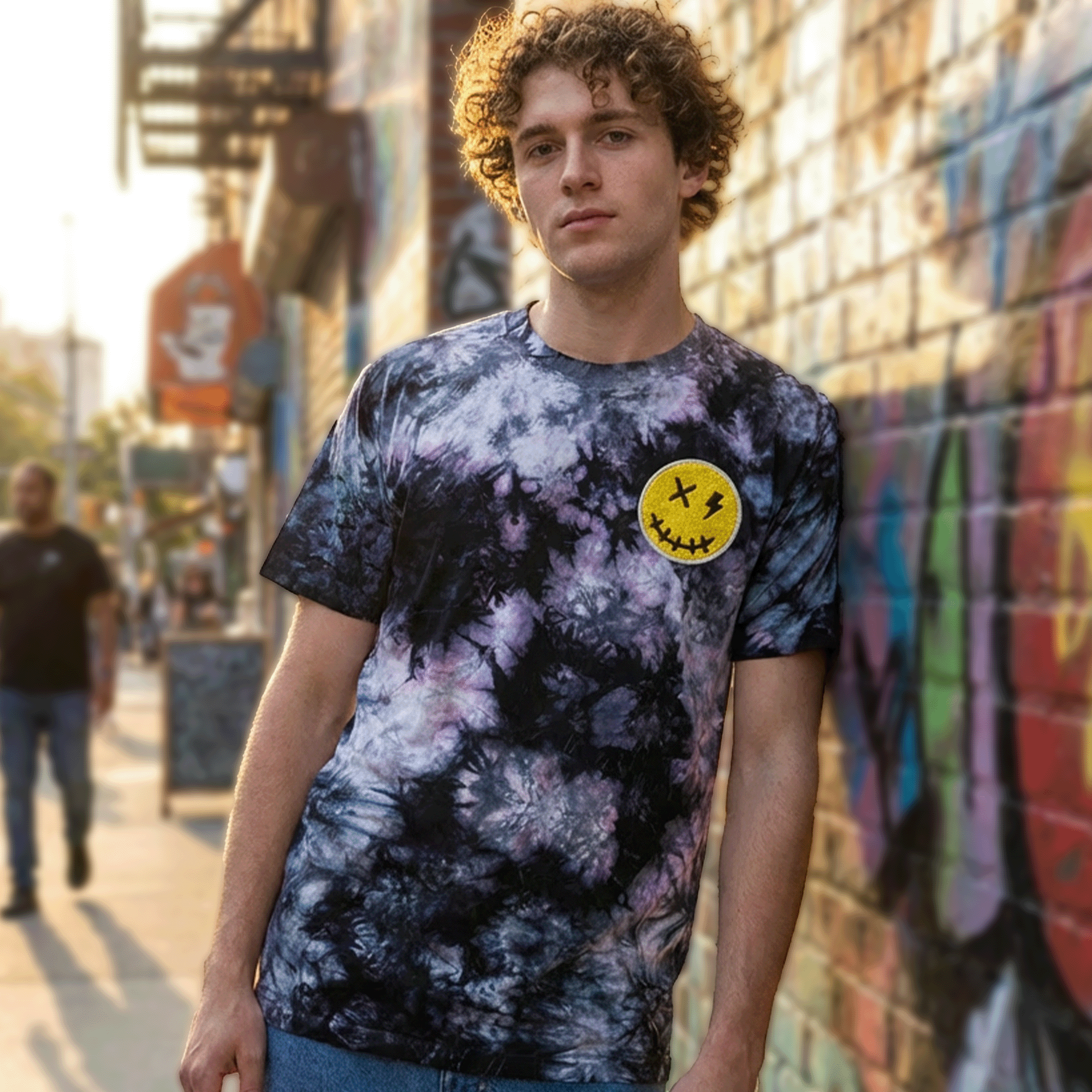 Embroidered Streetwear Smiley Tie-Dye T-Shirt