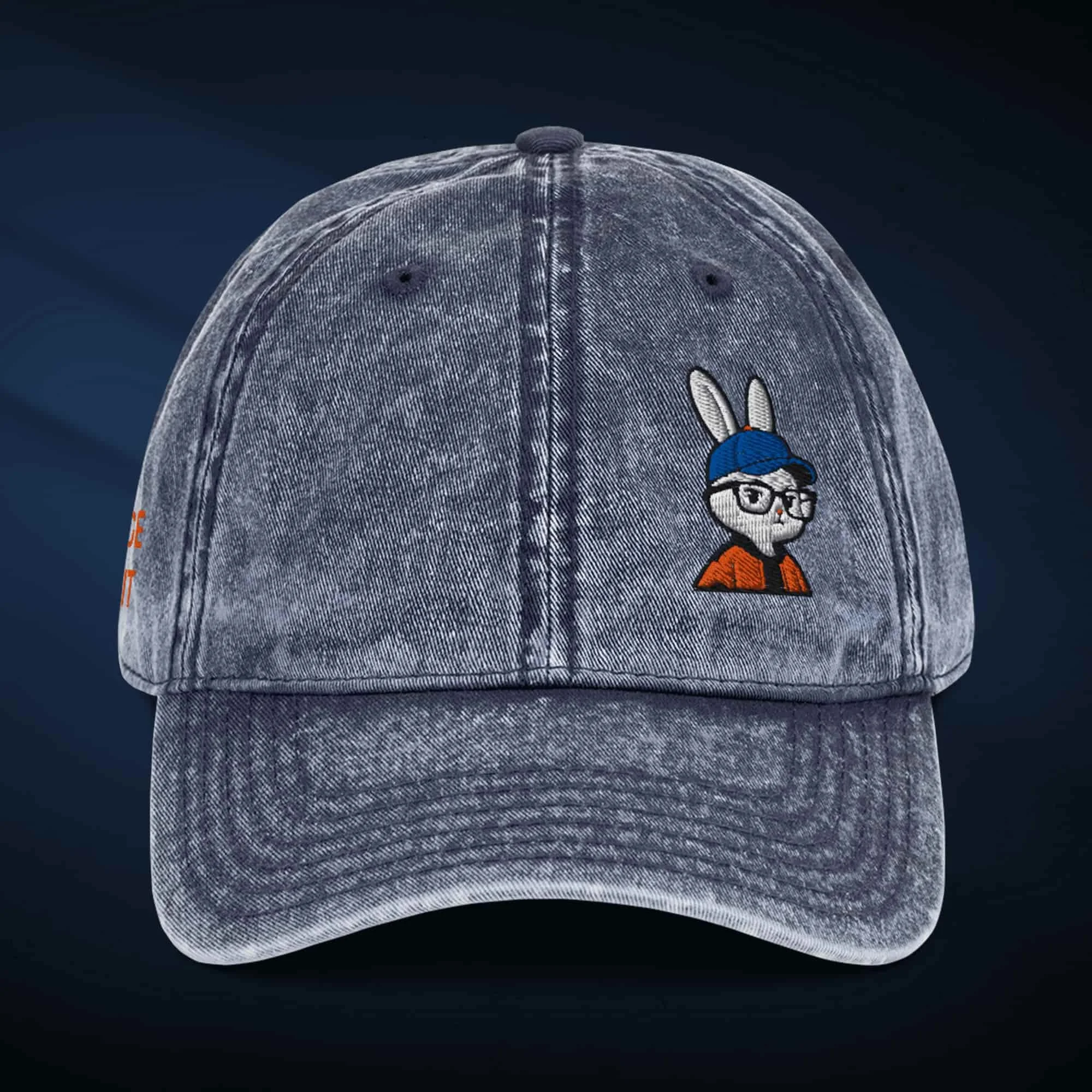 Embroidered Orange Rabbit Vintage Washed Cotton Twill Cap