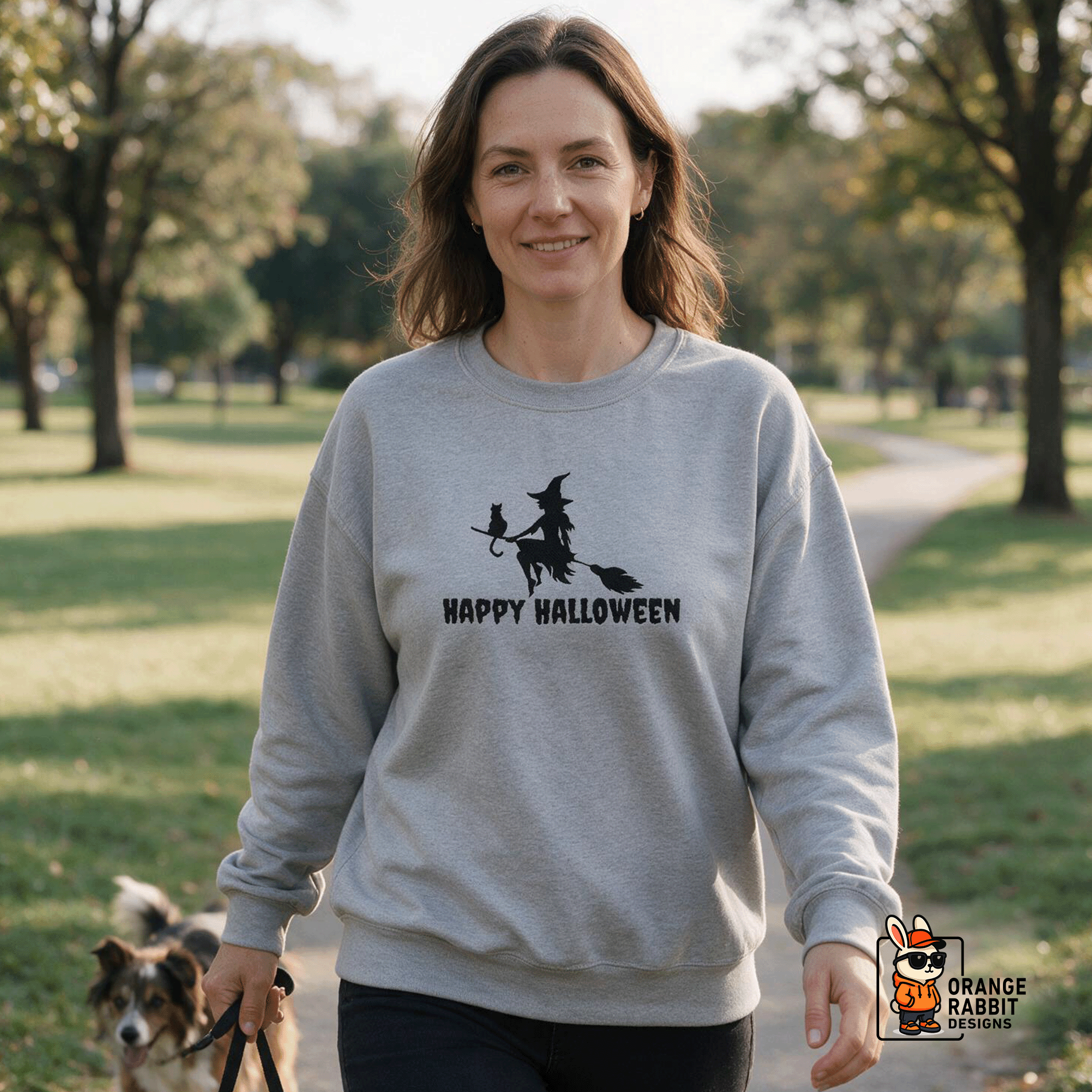 Embroidered Halloween Witch and Cat Silhouette Crewneck